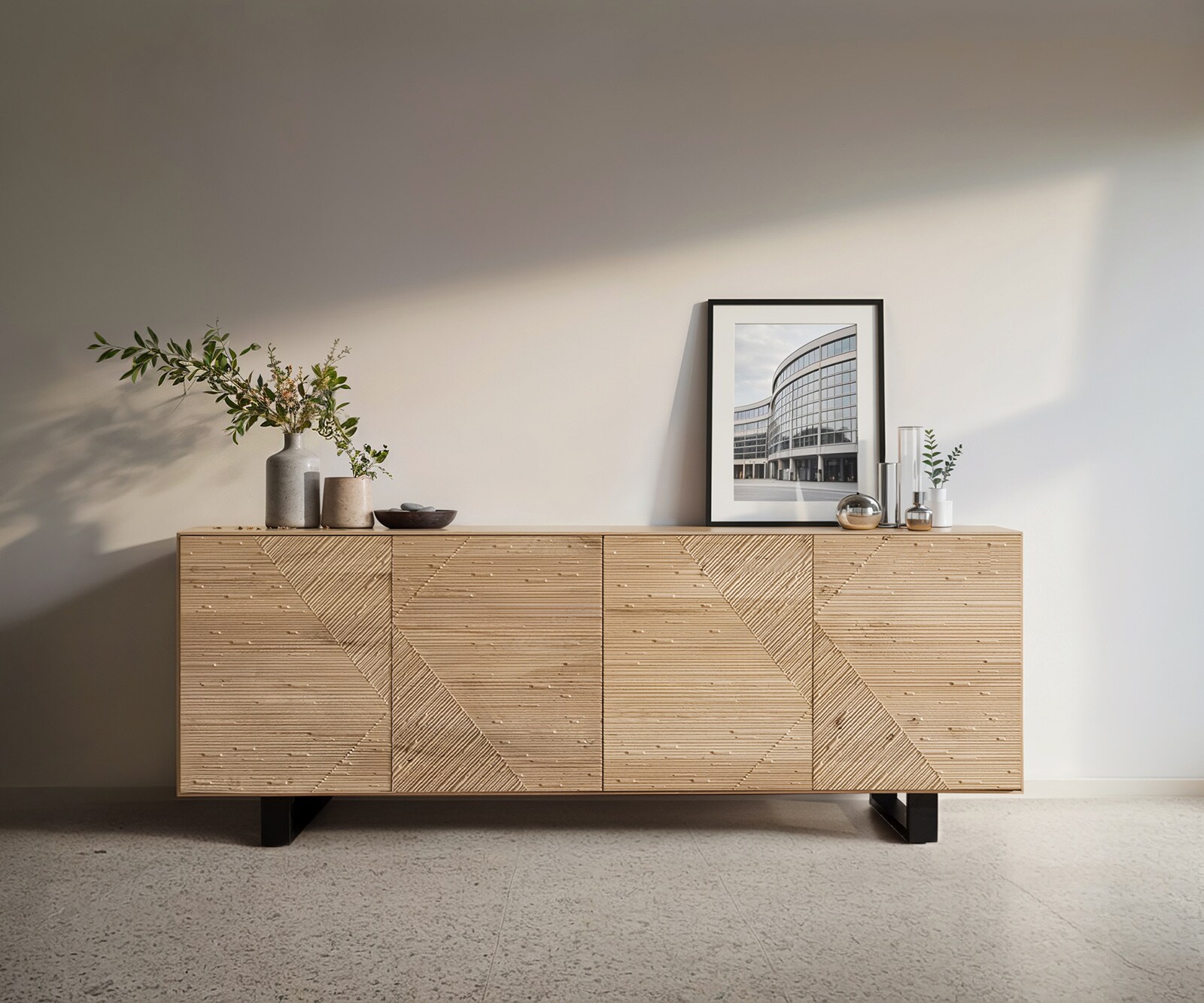 Dressoir Tereos 200 cm eiken natuur 3D-effect 4 deuren metalen sledepoten zwart