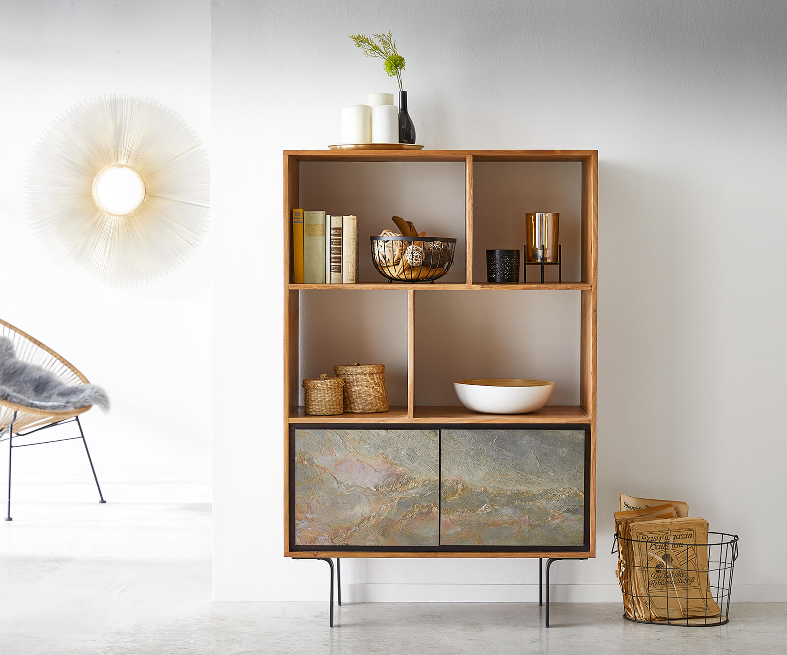Boekenkast Juwelo 88 cm acacia natuur steenfineer metaal zwart