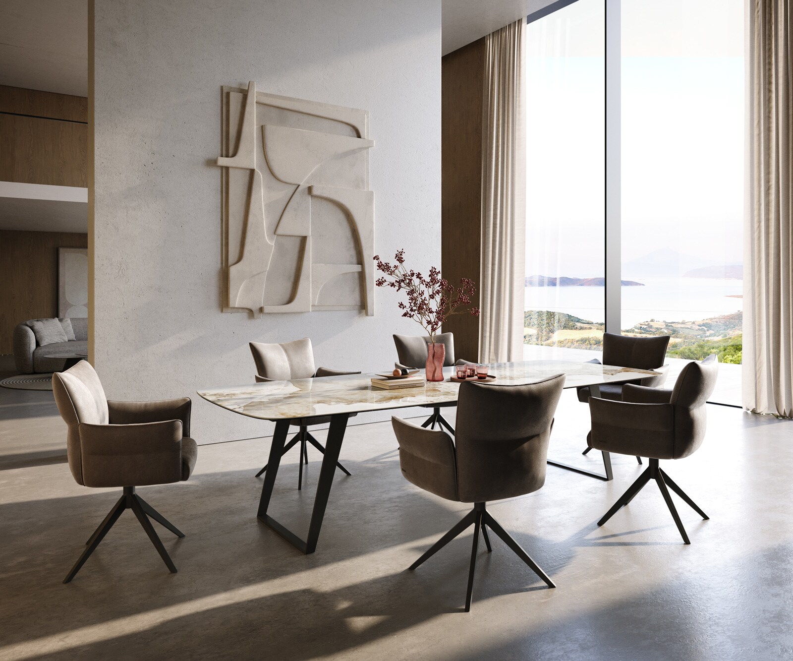 Eettafel Edge Boot 300x120 cm Keramiek Minas Melange Wit-Beige Metaal Schräg Zwart 6
