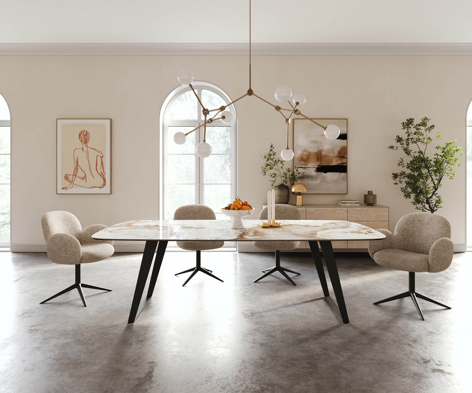 Eettafel Edge Boot 240x120 cm Keramiek Minas Melange Wit-Beige Metaal Schräg Zwart 1