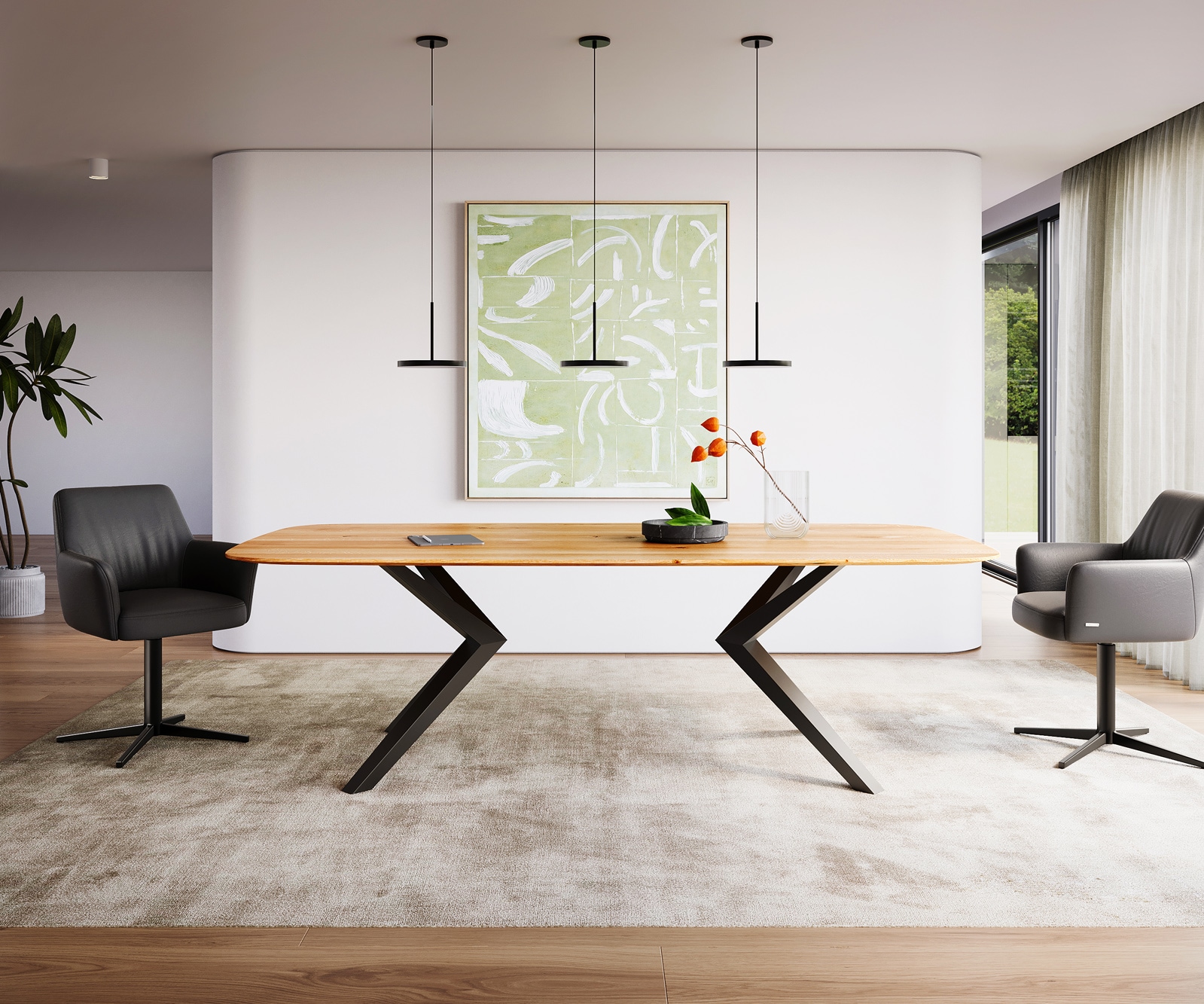 Eettafel Edge Boot 240x120x2,5-3 eiken natuur Zenthara kantig metaal zwart Zwitserse rand Eettafel Edge Boot 240x120x2,5-3 eiken natuur Zenthara kantig metaal zwart Zwitserse rand