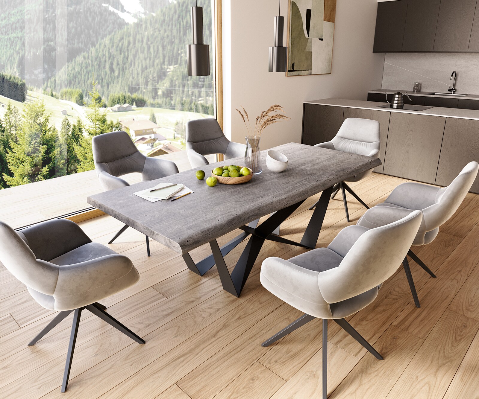 Eettafel Edge 220x100 XL acacia platina  Spider staal  zwart  Live-Edge 6