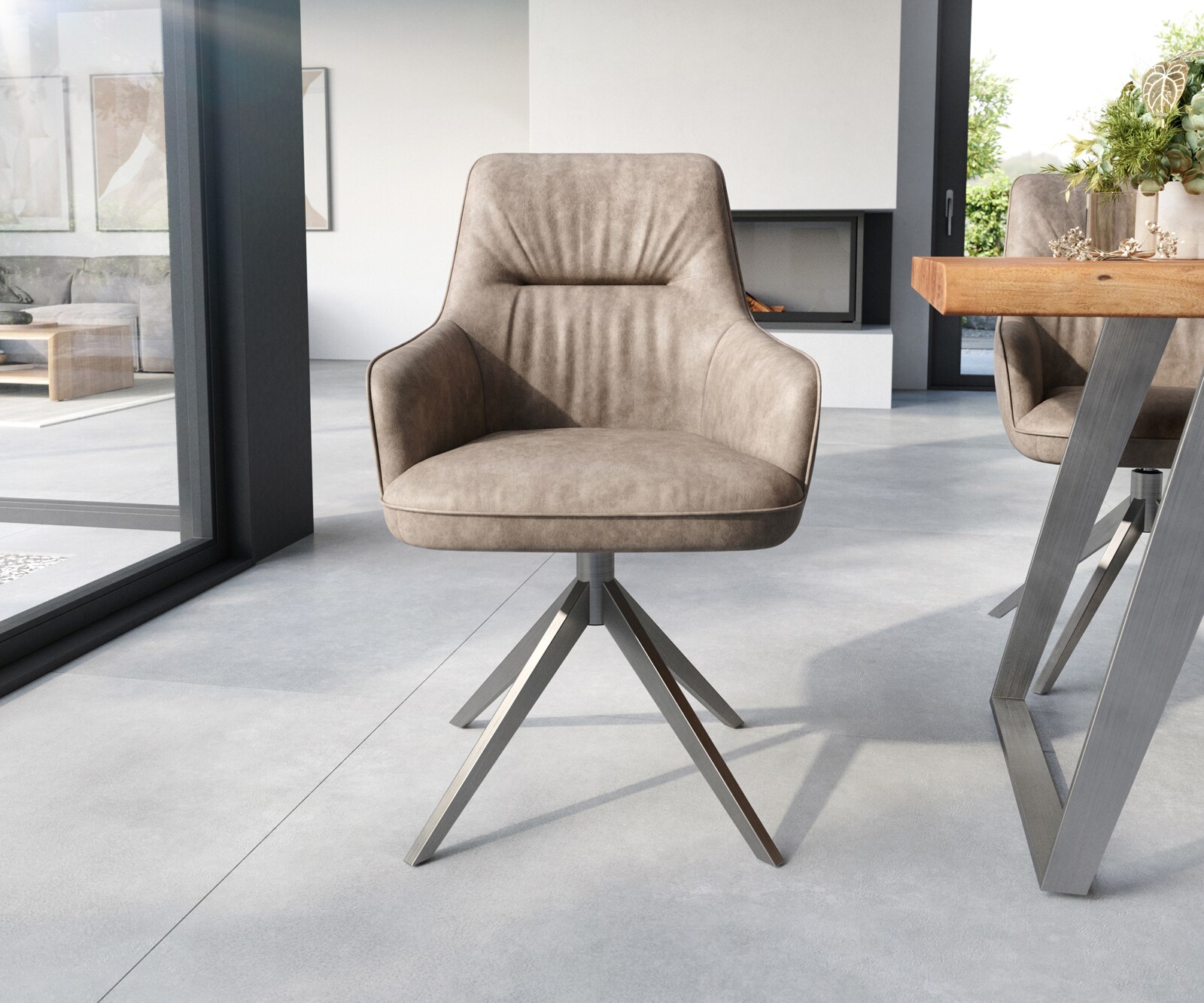 Eetkamerstoel Zelia-Flex met armleuning microvelours taupe vintage kruisframe breed roestvrij staal pocketveer kern 1