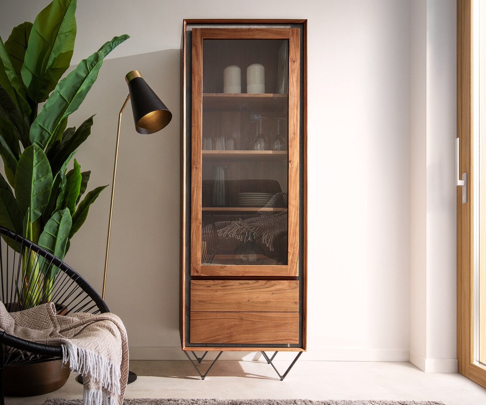 Boekenkast Stonegrace 60x180 cm acacia bruin steenfineer 1 deur 2 laden V-poot zwart 1