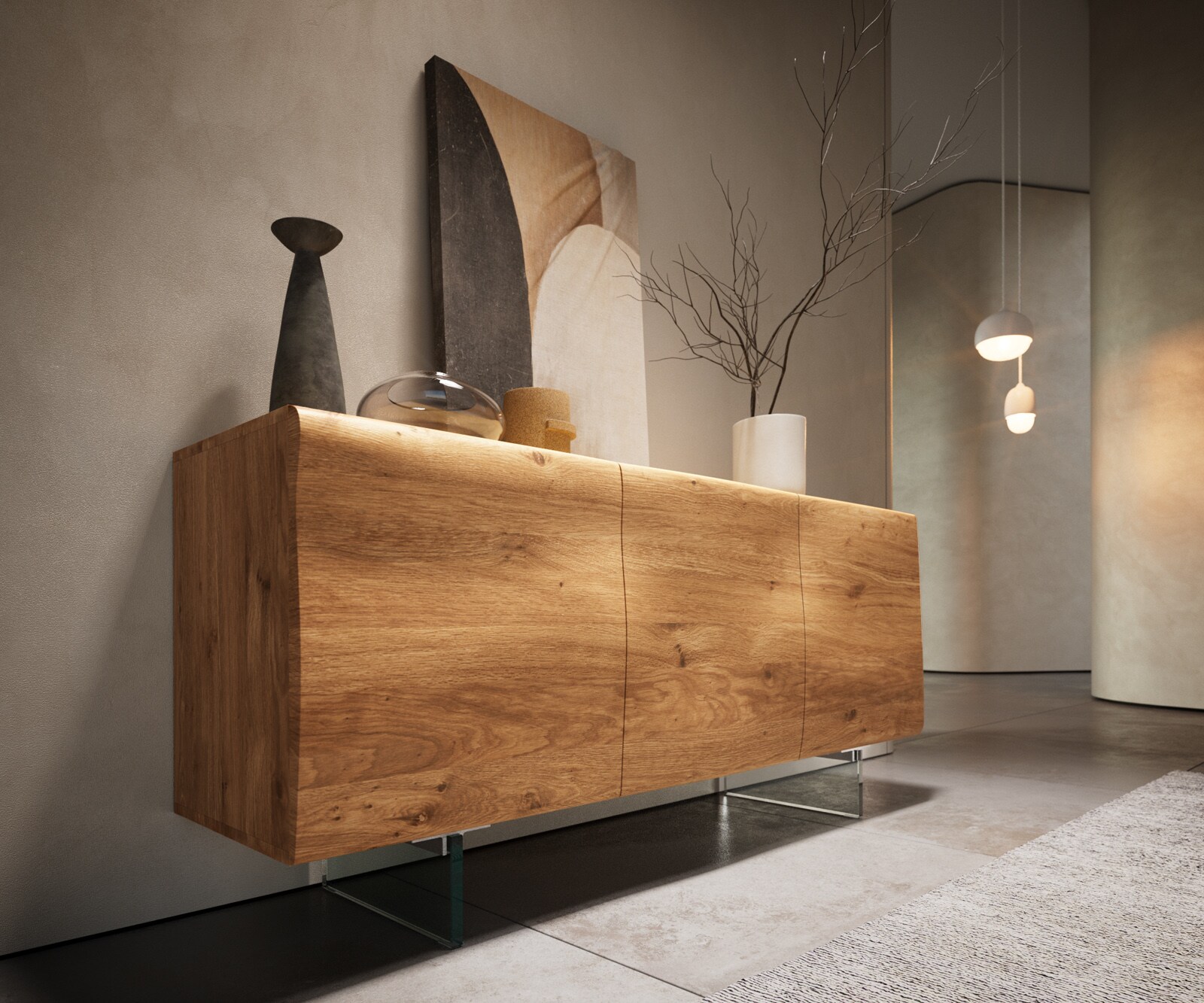 Dressoir New Live-Edge 145 cm eiken natuur 3 deuren glasonderstel 4