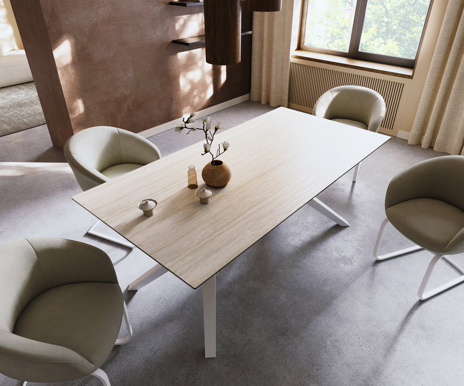 Eettafel Edge 200x100 keramiek  Laminam® Travertino Bianco Creme-wit Zenthara kantig metaal wit 3