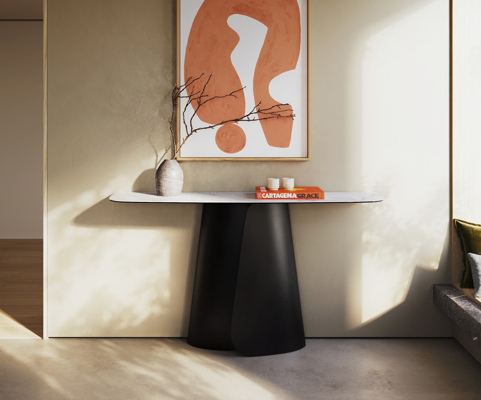 Consoletafel Edge Bootvorm 140x40 cm Keramiek Laminam® Statuarietto Weiß Livos Metaal Zwart 1