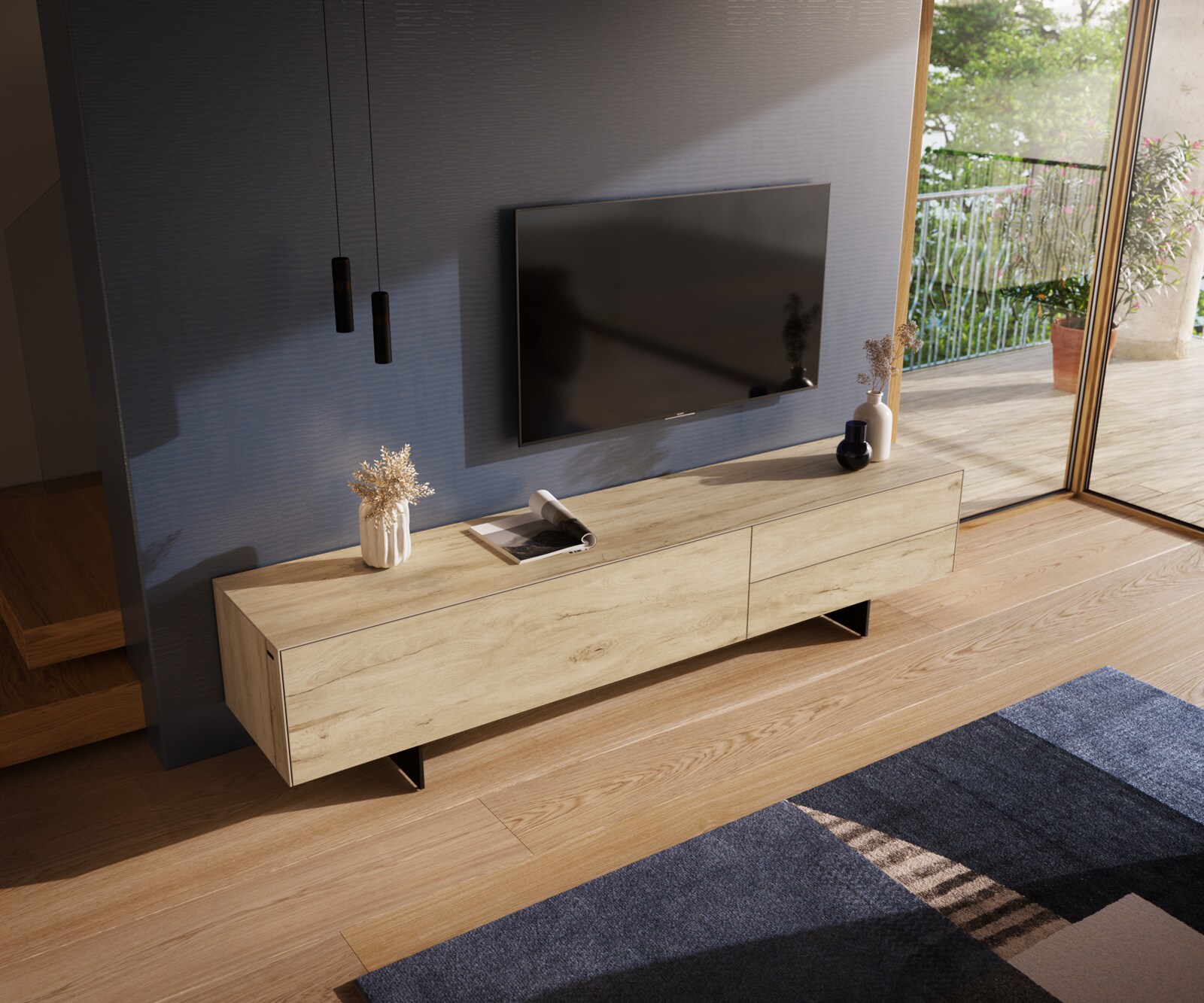 Tv-meubel Cuor 220 cm Keramiek Laminam® Sabbia Eiken gekleurd 1 Flap 2 Laden Zwevende voet look Metaal Zwart 4
