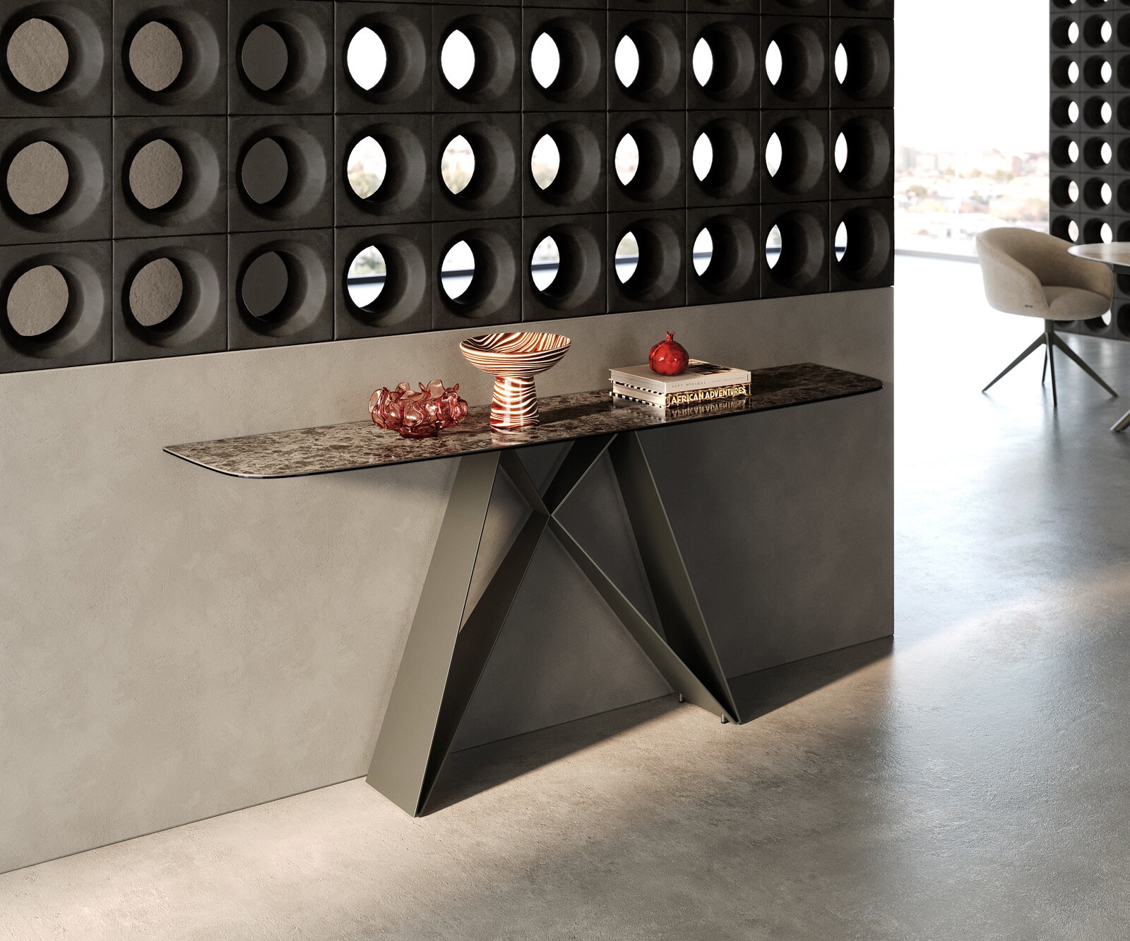 Consoletafel Edge Bootvorm 180x40 cm Keramiek Emperador Extra Lucidato Dunkelbraun Velio Metaal Effektfinish Titan 4