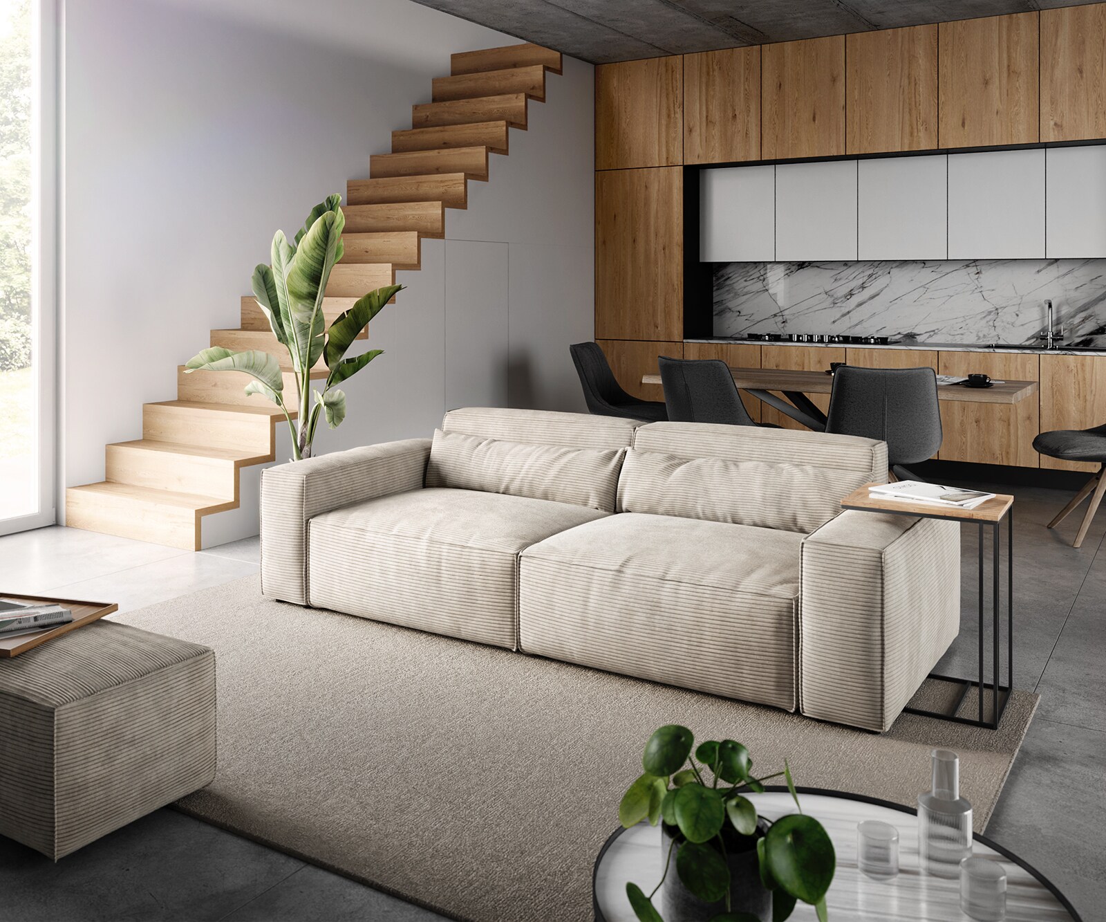 Grote bank Sirpio 230x95 cm koorduroy beige met kruk