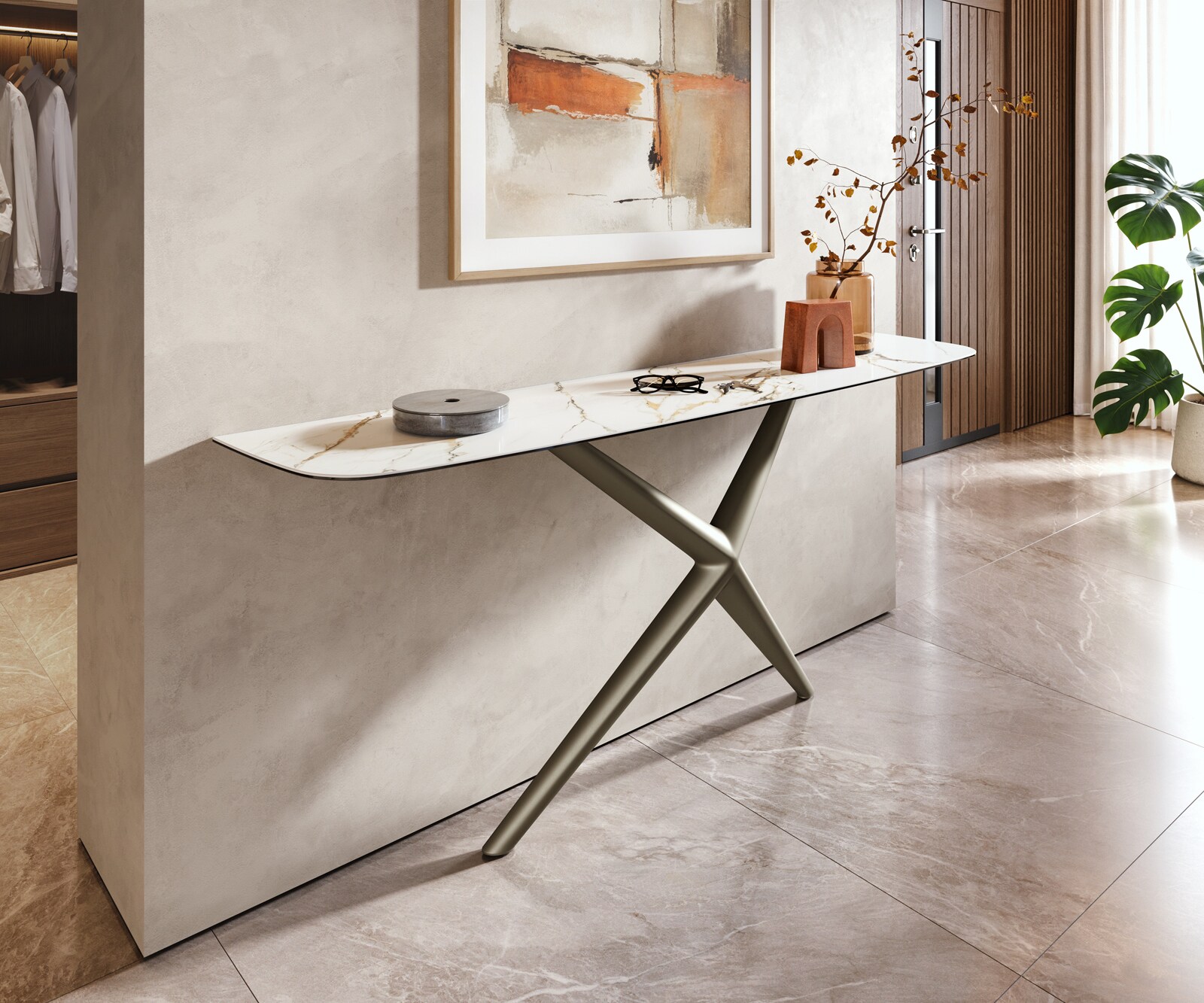 Consoletafel Edge Bootvorm 180x40 cm Keramiek Calacatta Luxe Weiß-Gold-Grijs Estelo Metaal Effektfinish Titan 4