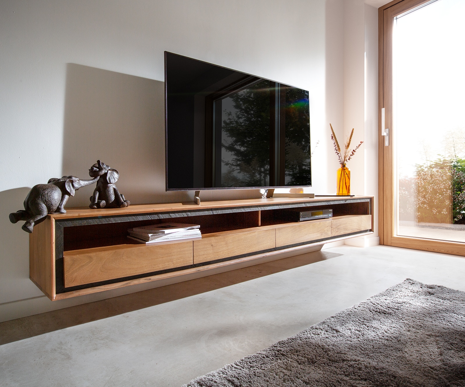 Tv-meubel Stonegrace 240 cm acacia natuur 2 vakken 4 laden steenfineer zwevend Tv-meubel Stonegrace 240 cm acacia natuur 2 vakken 4 laden steenfineer zwevend