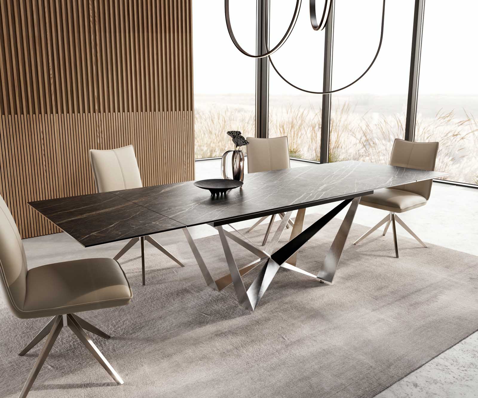 Eetkamertafel Edge 200-300x100 keramiek Laminam®Noir Desir bruin spider vlak staal RVS uitschuifbaar 7