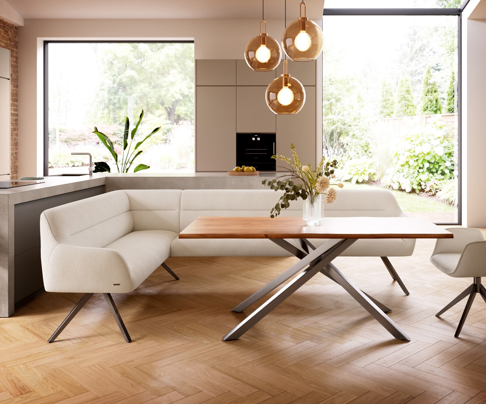 Eetkamerbank Taya-Flex 285x190 cm bouclé crème-wit hoekig kruisframe grafiet pocketvering links 2