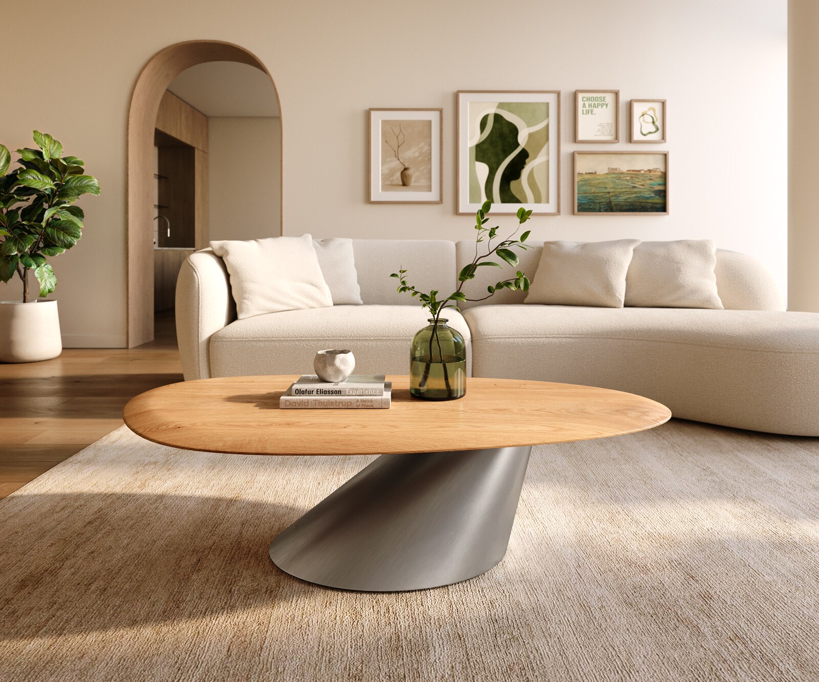 Salontafel Edge Oval 140x75 cm Eiken Naturel ronde rand Conis geborsteld roestvrij staal 2