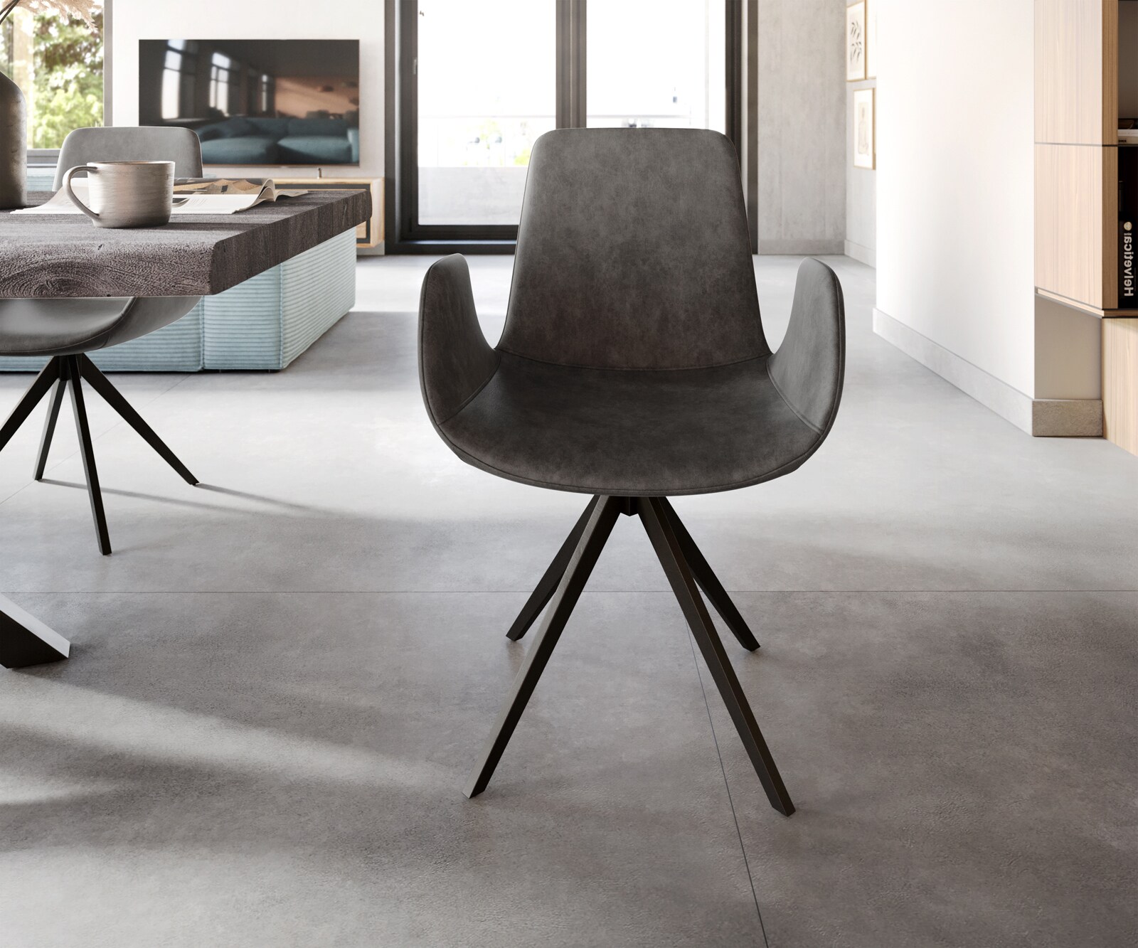 Eetkamerstoel Ilia-Flex met armleuning microvelours antraciet vintage kruisframe hoekig zwart 1 Eetkamerstoel Ilia-Flex met armleuning microvelours antraciet vintage kruisframe hoekig zwart 1