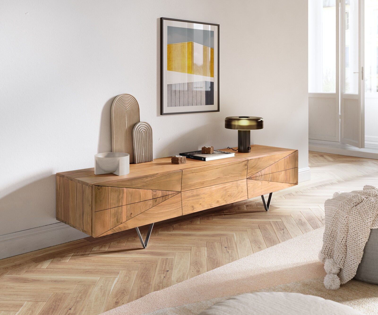 Designer-tv-meubel Wyatt 175 cm acacia natuur 2 deuren 1 klep