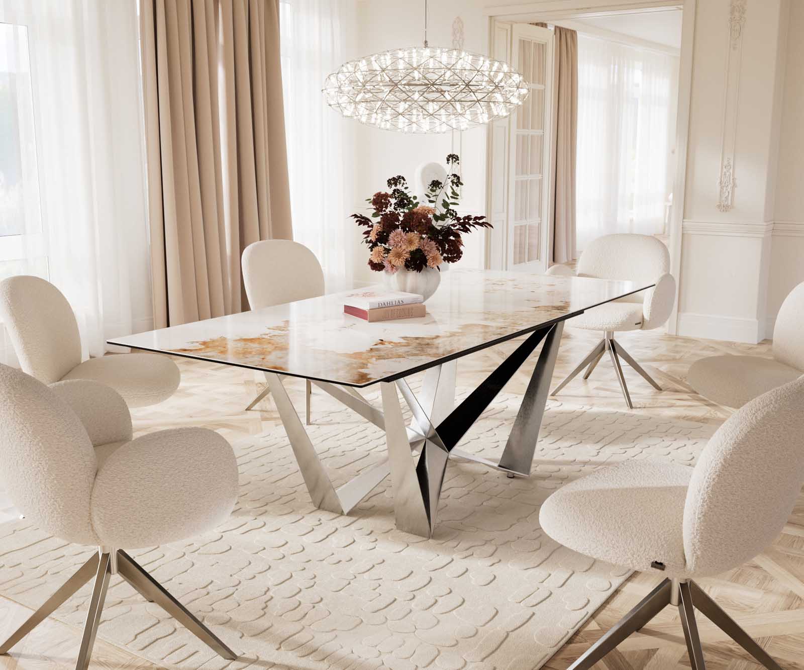 Eetkamertafel Edge 180-220x100 keramiek Minas Melange wit-beige spider vlak staal RVS uitschuifbaar 9