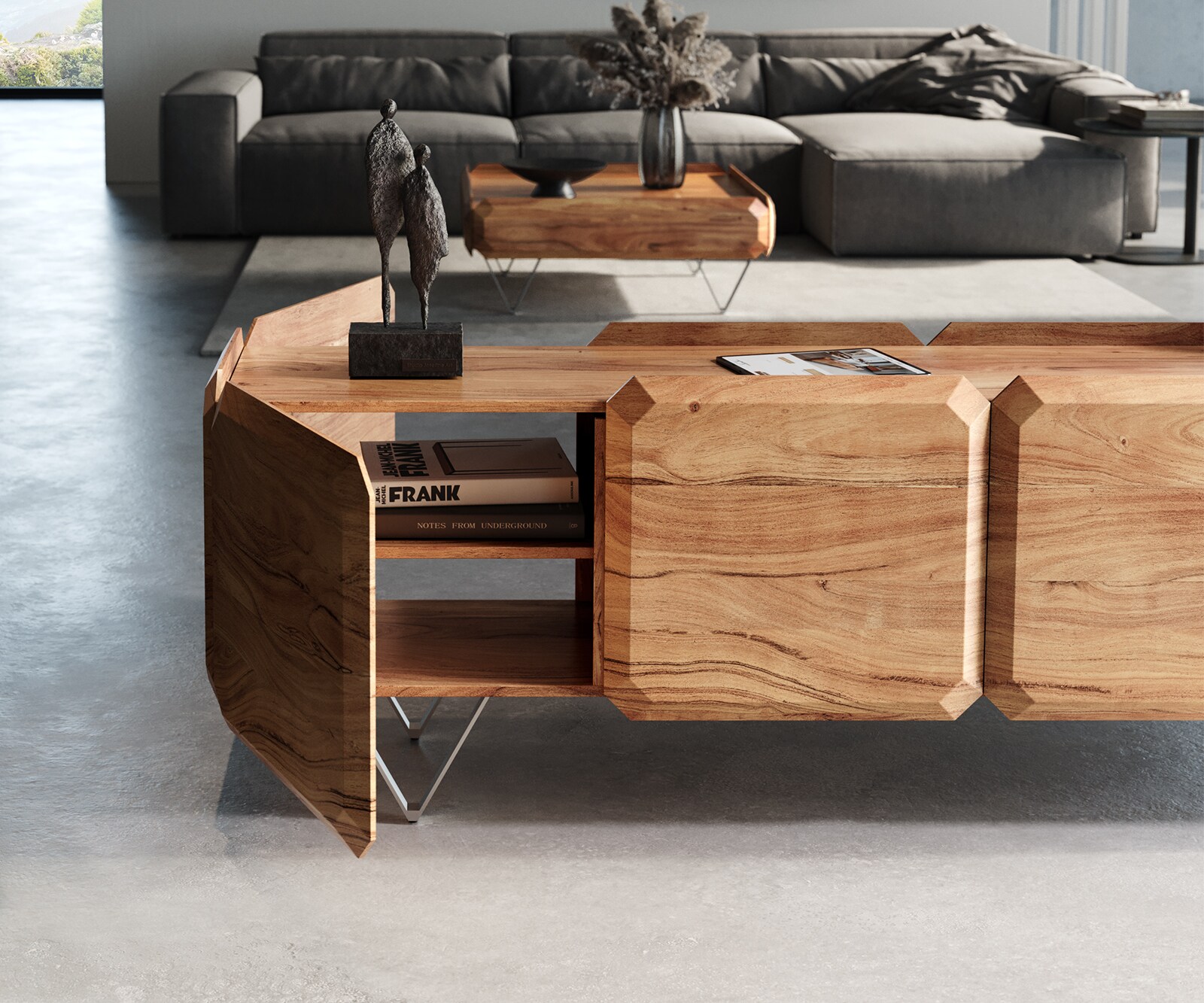 Lowboard Kiano 200 cm Acacia Natuur 4 Deuren V-voet Edelstaal Roomdivider 4 Lowboard Kiano 200 cm Acacia Natuur 4 Deuren V-voet Edelstaal Roomdivider 4