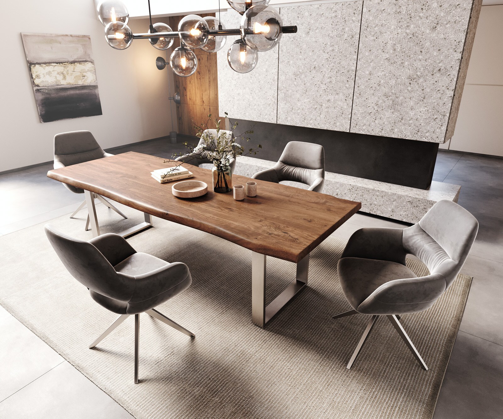 Eettafel Edge 260x100 XL acacia bruin roestvrijstaal smal Live-Edge 5