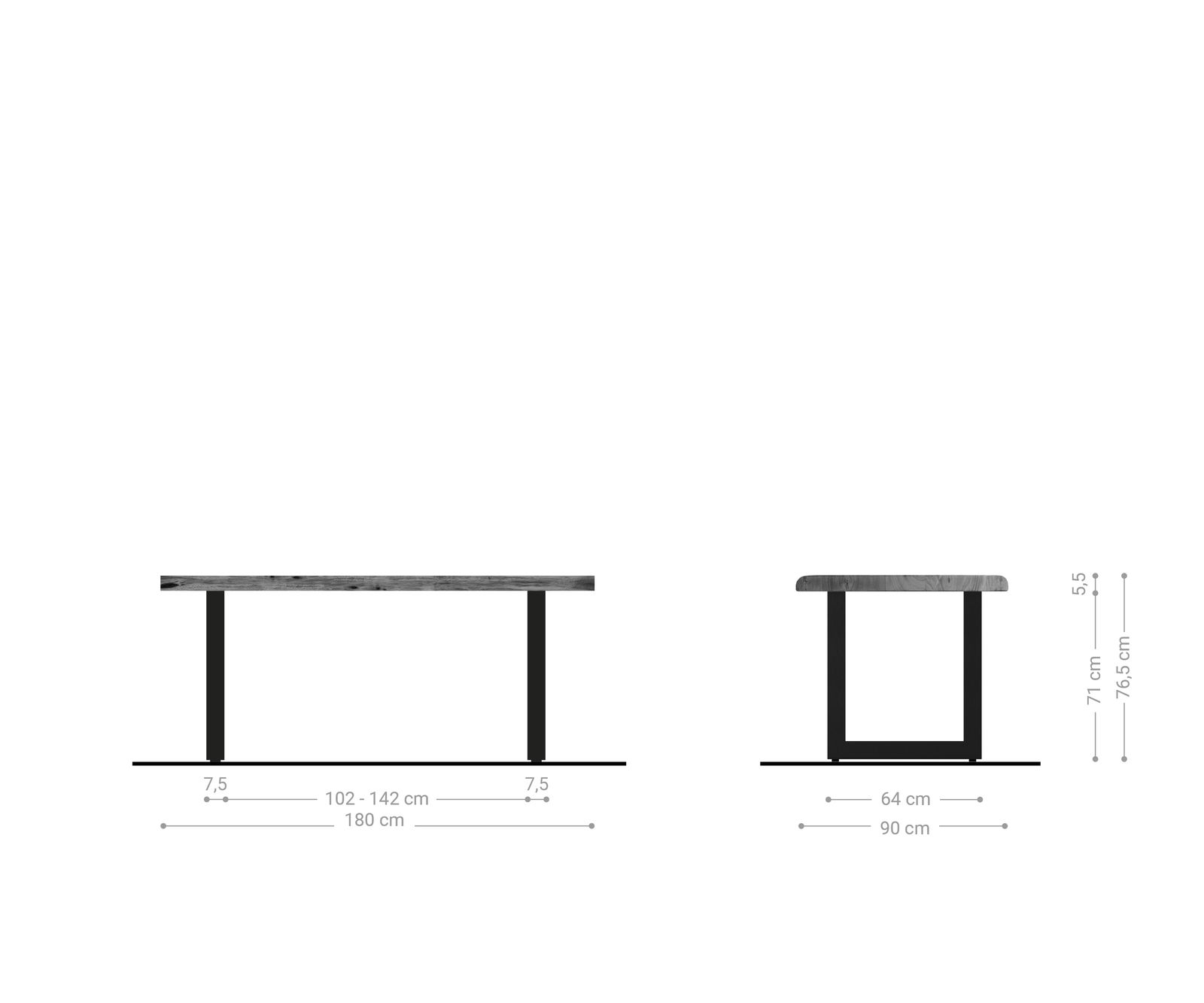 Eettafel Edge 180x90 XL acacia natuur roestvrijstaal breed Live-Edge 8