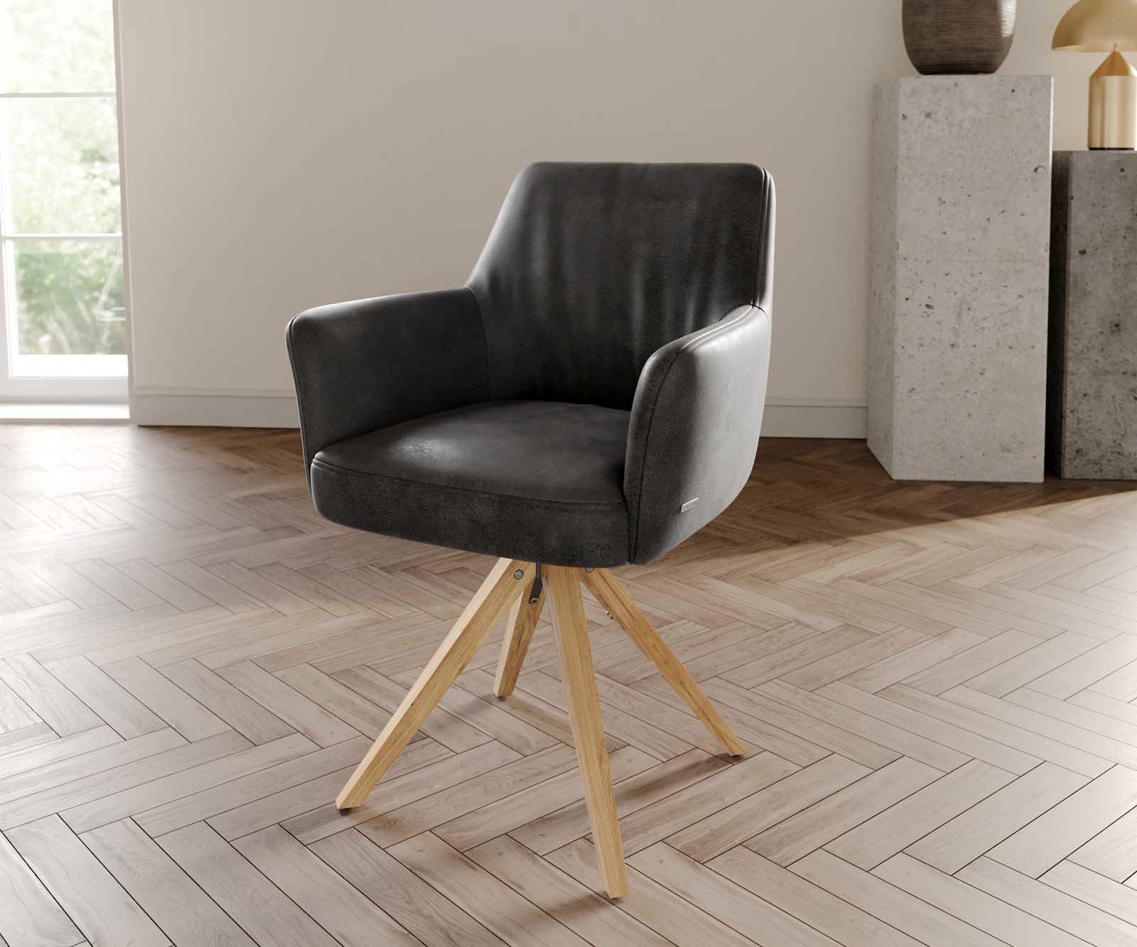 Draaistoel Xana-Flex met armleuning microvelours antraciet vintage houten frame hoekig natuur 180° draaibaar pocketveer kern