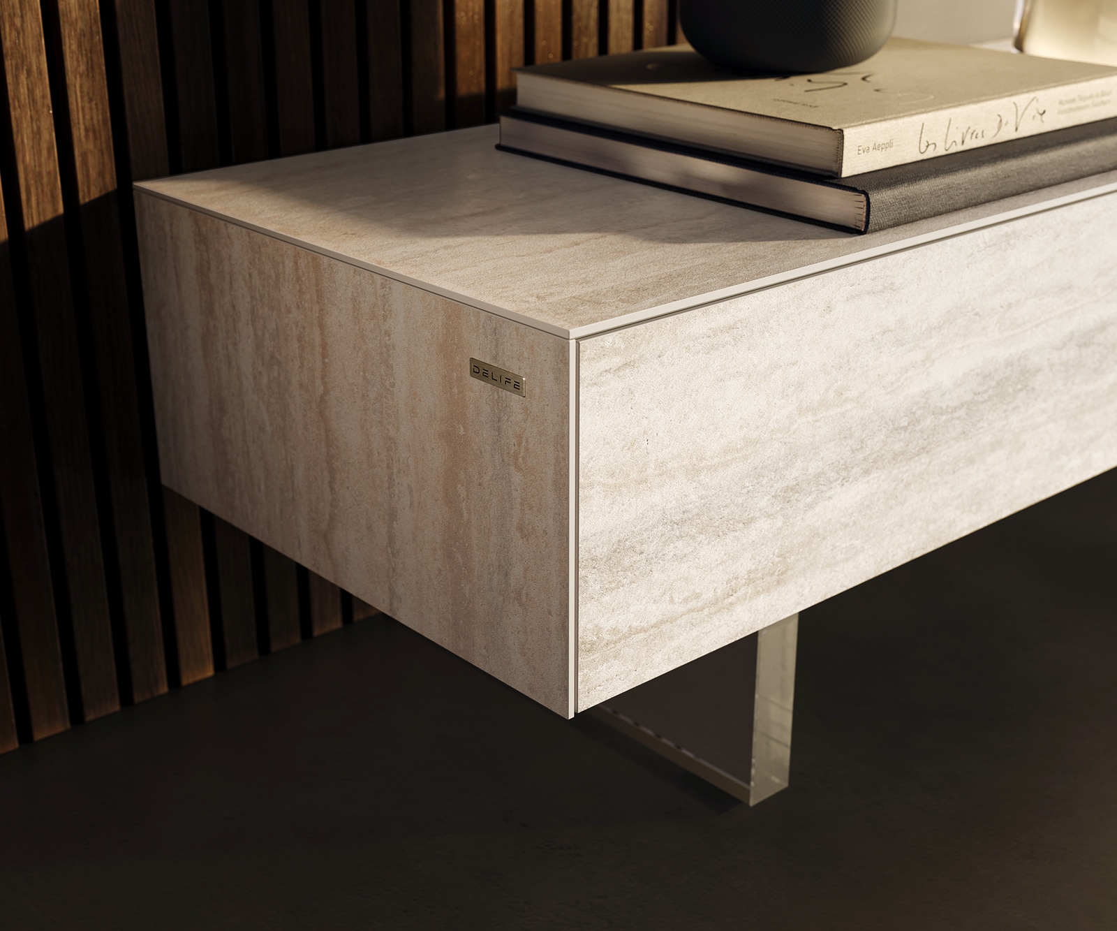 Tv-meubel Cuor 250 cm Keramiek Laminam® Travertino Bianco Crème-wit 1 Flap 1 Lade Zwevende voet look Acrylglas 6 Tv-meubel Cuor 250 cm Keramiek Laminam® Travertino Bianco Crème-wit 1 Flap 1 Lade Zwevende voet look Acrylglas 6