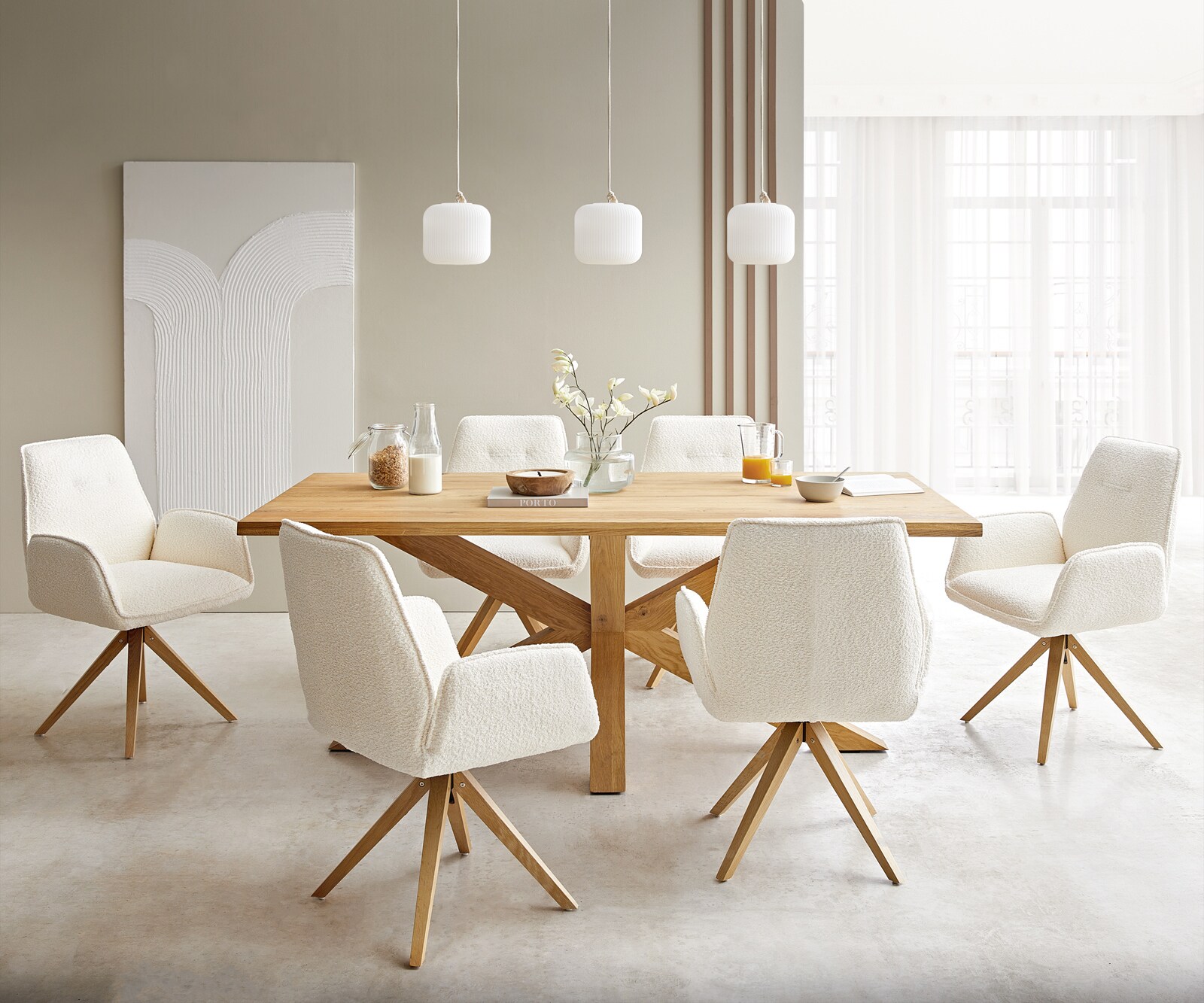 Eetkamerstoel Zoa-Flex bouclé wit houten frame hoekig natuur pocketveer kern 3 Eetkamerstoel Zoa-Flex bouclé wit houten frame hoekig natuur pocketveer kern 3