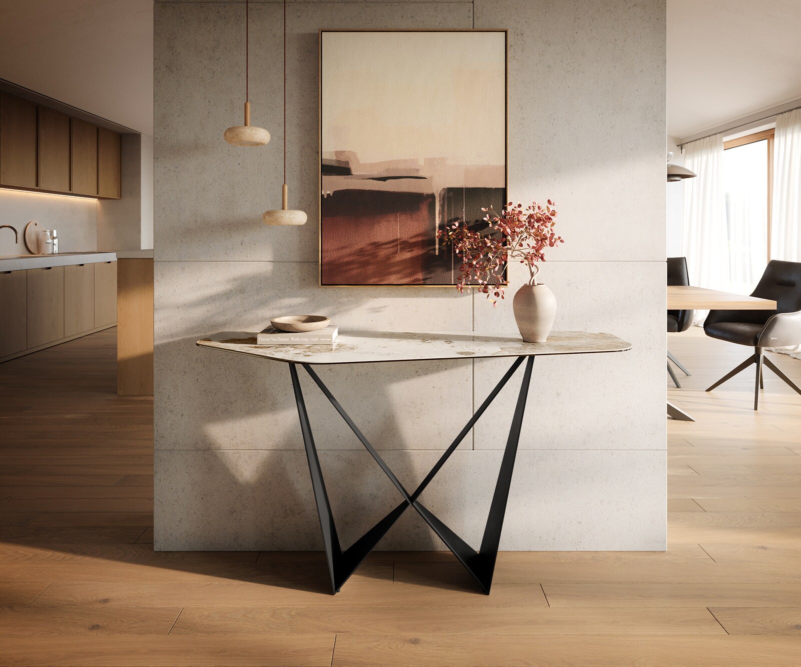 Consoletafel Edge Polygonaal 140x50 cm Keramiek Minas Melange Weiß-Beige Spios Metaal Zwart 4
