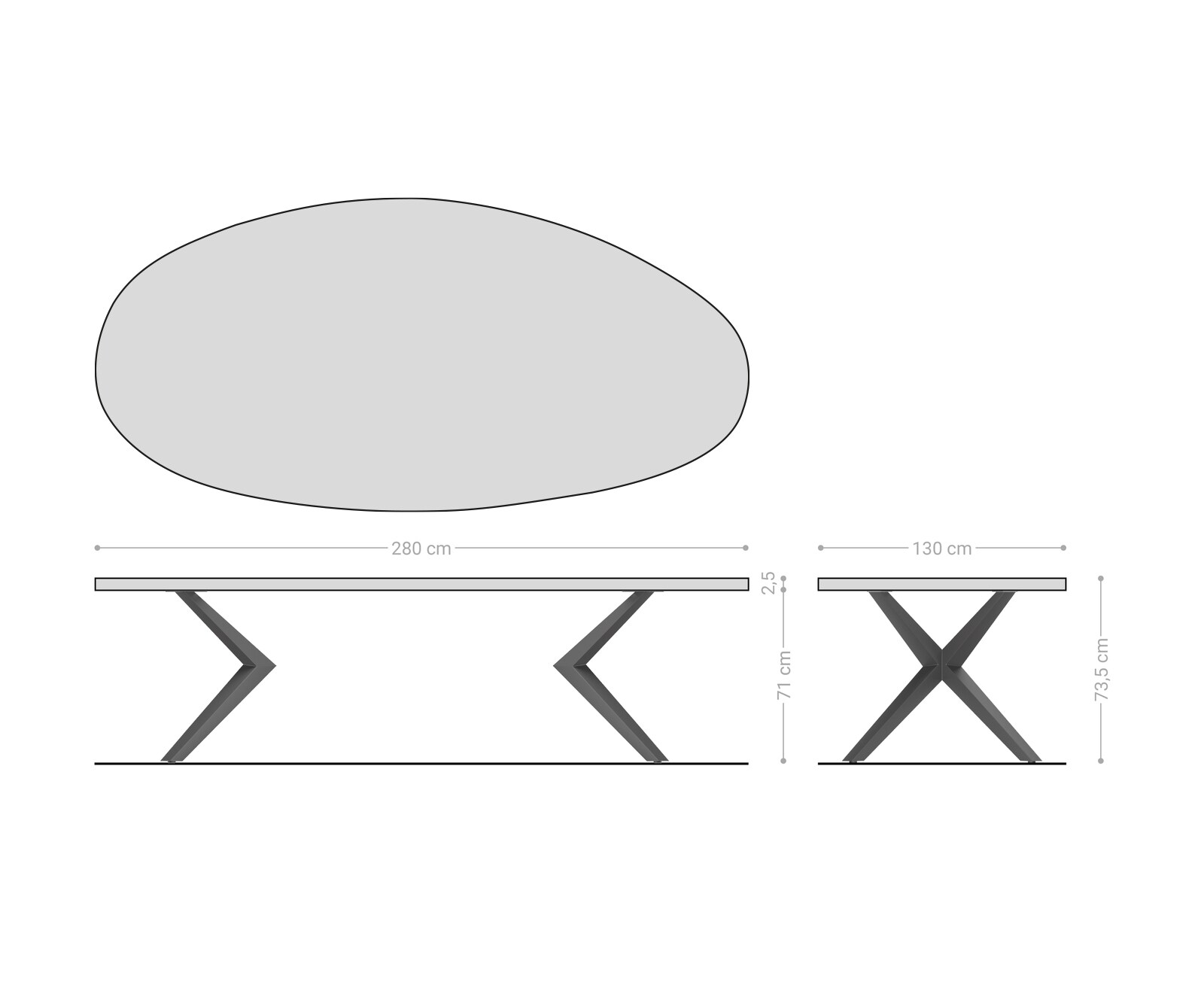 Eetkamertafel Edge ovaal 280x130 reliëfglas Rauchzwart 3D-Design Zenthara hoekig metaal effectafwerking titaan 7
