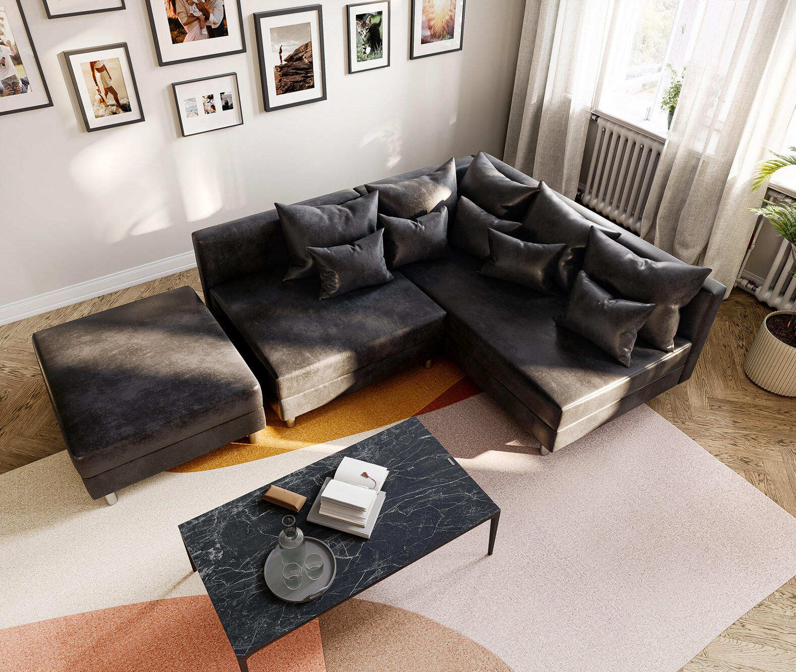 Hoekbank Clovis antraciet antiek optiek modulair bank ottomane rechts 3