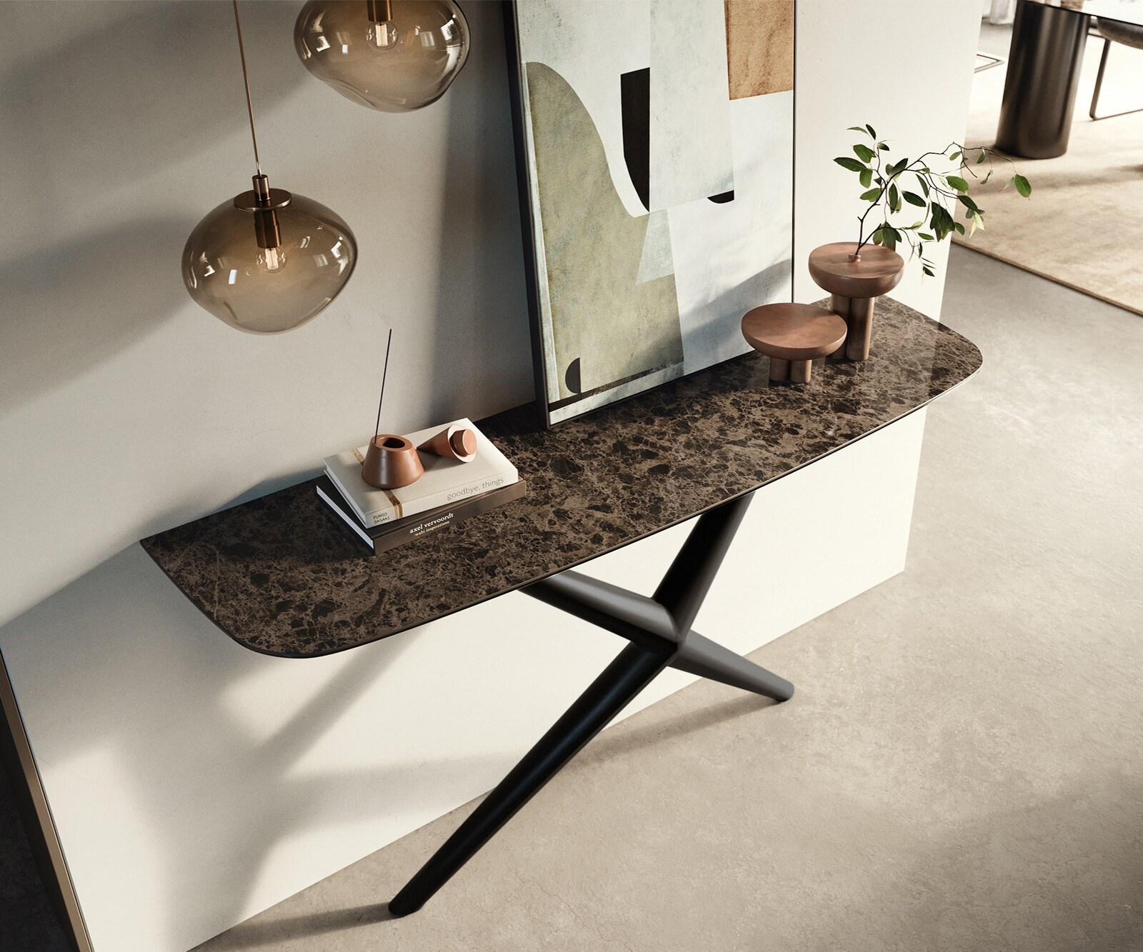 Consoletafel Edge Bootvorm 140x40 cm Keramiek Emperador Extra Lucidato Dunkelbraun Estelo Metaal Zwart 1