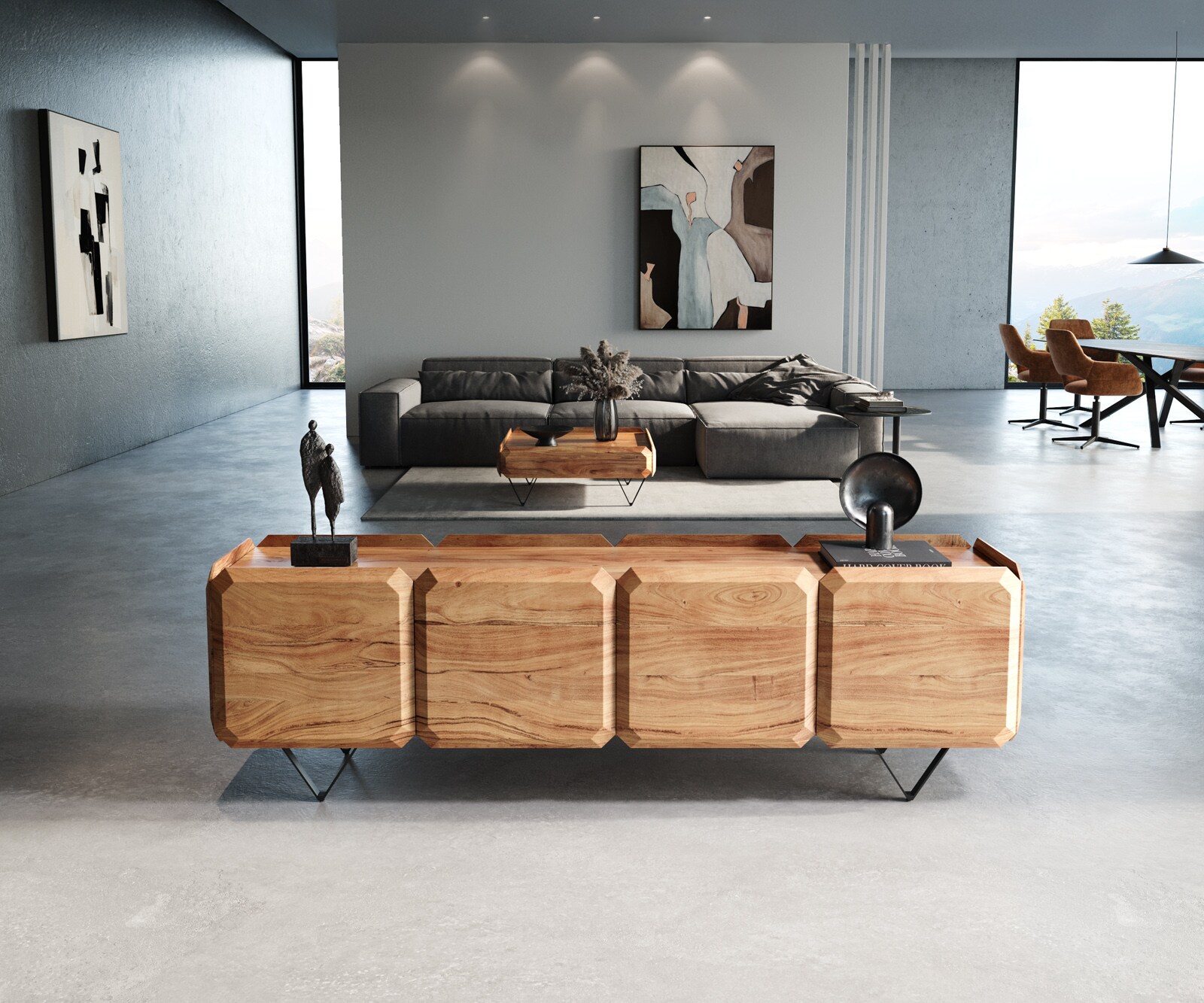 Lowboard Kiano 200 cm Acacia Natuur 4 Deuren V-voet Zwart Roomdivider 1 Lowboard Kiano 200 cm Acacia Natuur 4 Deuren V-voet Zwart Roomdivider 1