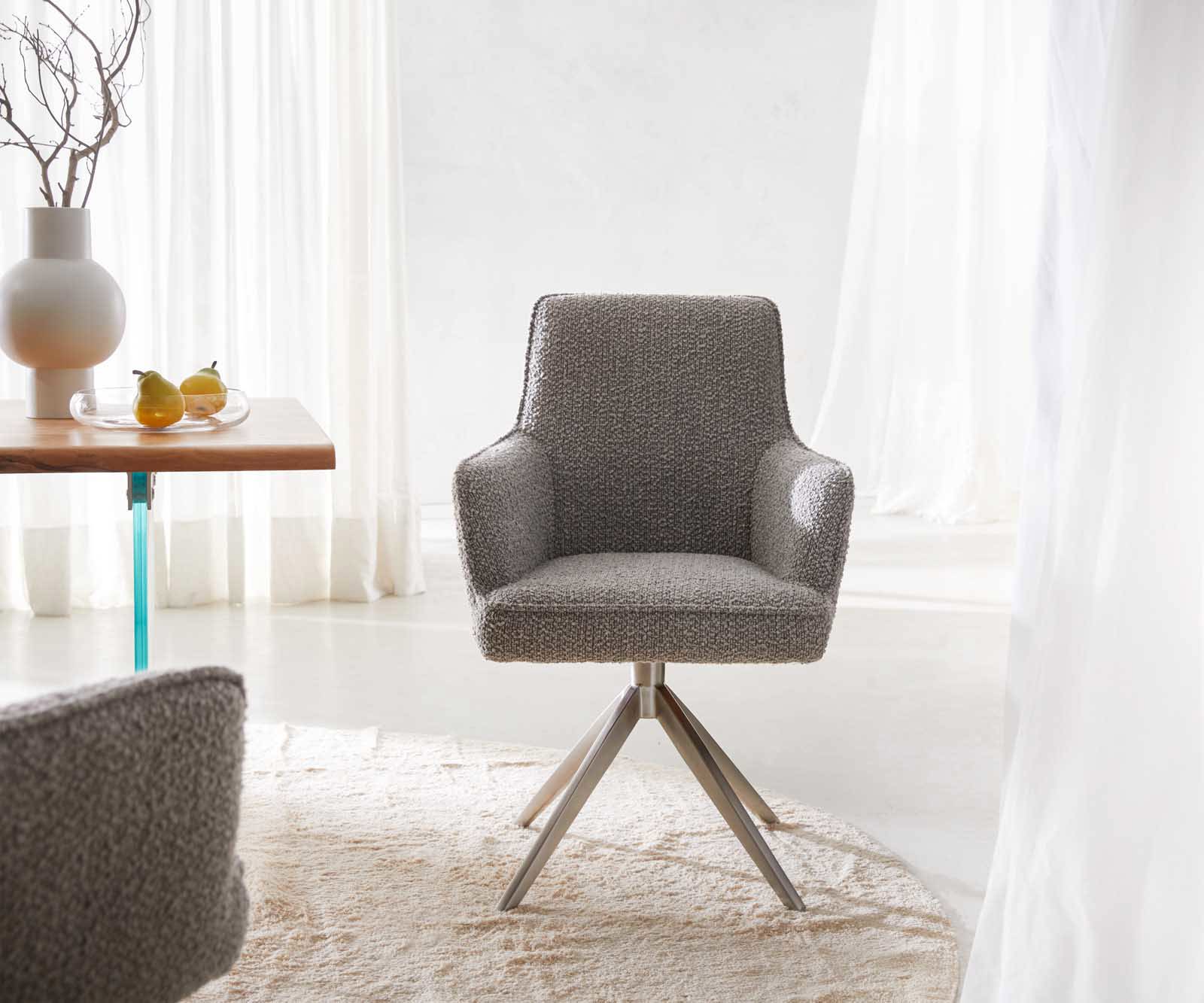 Draaistoel Heira-Flex met armleuning bouclé zilver grijs kruisframe breed roestvrij staal 360° draaibaar pocketveer kern 1 Draaistoel Heira-Flex met armleuning bouclé zilver grijs kruisframe breed roestvrij staal 360° draaibaar pocketveer kern 1