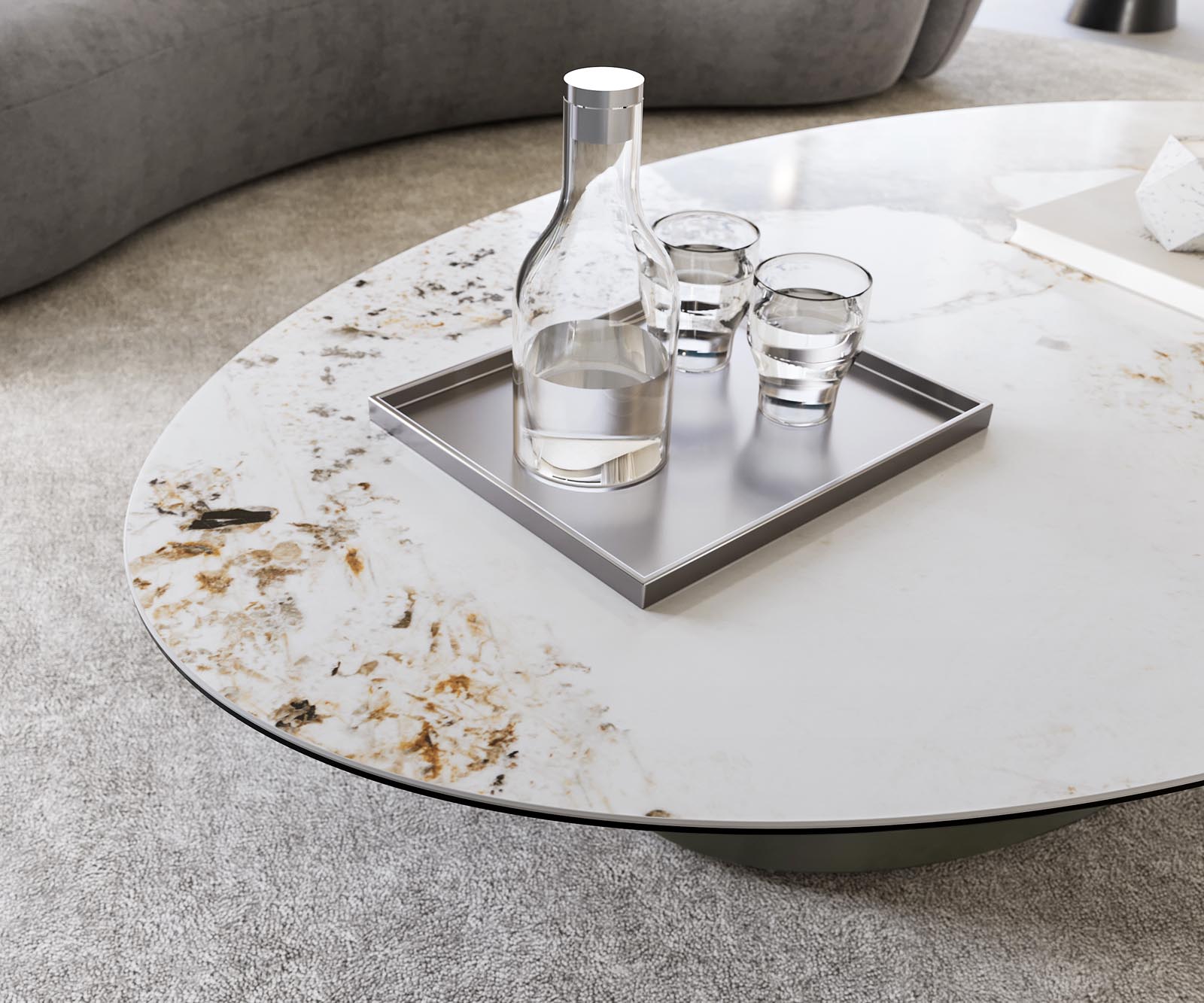 Salontafel Casilda 150x90 cm keramiek Minas Melange wit-beige middenpoot titaniumeffect 7