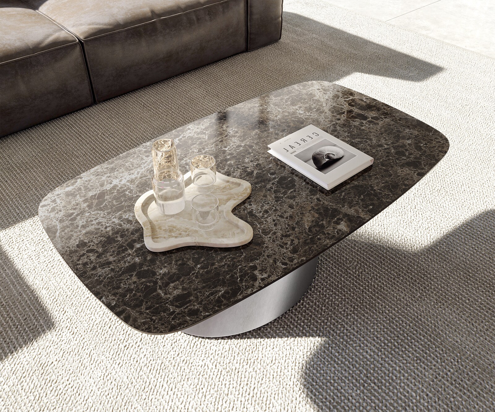 Salontafel Edge Boot 120x70 cm keramiek Laminam® Emperador Extra Lucidato donkerbruin Conis geborsteld roestvrij staal 4