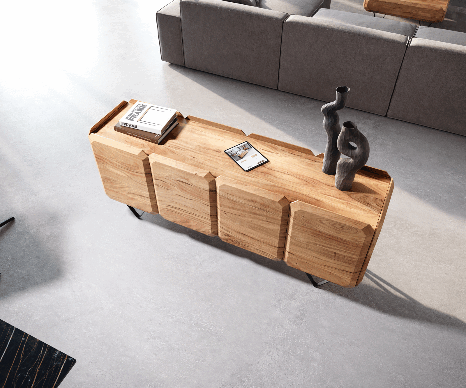 Sideboard Kiano 175 cm Acacia Natuur 4 Deuren V-voet Zwart Roomdivider 2 Sideboard Kiano 175 cm Acacia Natuur 4 Deuren V-voet Zwart Roomdivider 2