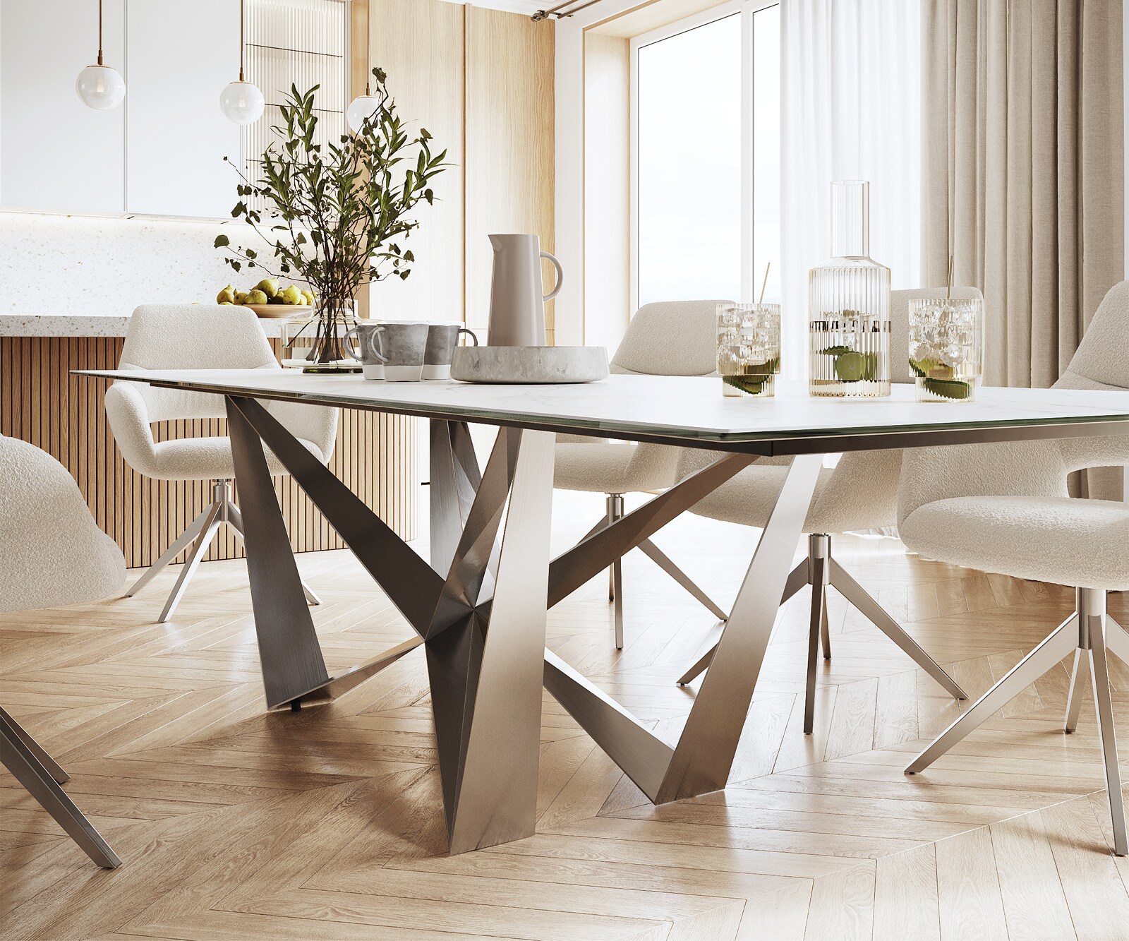 Eettafel Edge 300x100cm Laminam® keramiek wit middenpoot vlak staal zilver 5