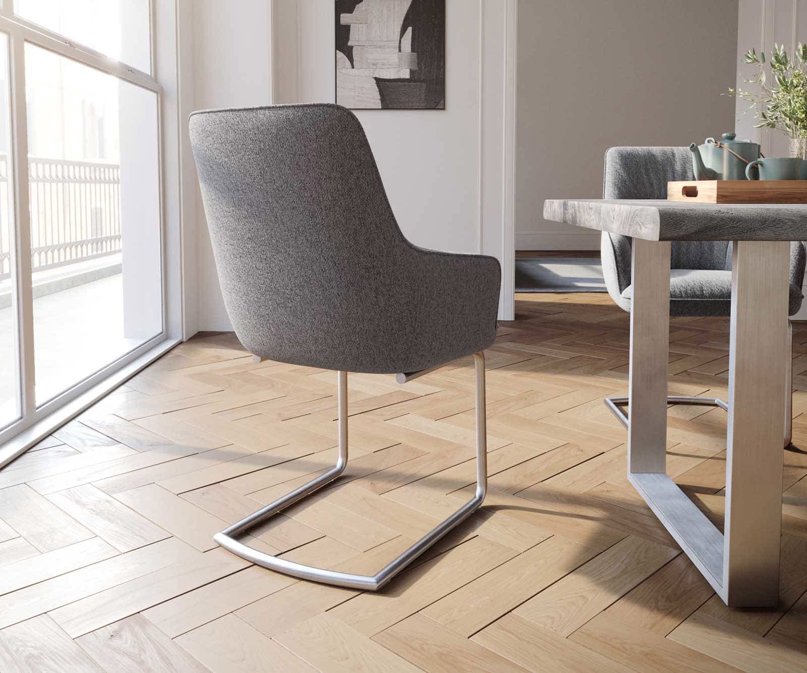 Sledemodel Zelia-Flex met armleuning structuurstof lichtgrijs sledemodel rond roestvrij staal pocketveer kern 4 Sledemodel Zelia-Flex met armleuning structuurstof lichtgrijs sledemodel rond roestvrij staal pocketveer kern 4