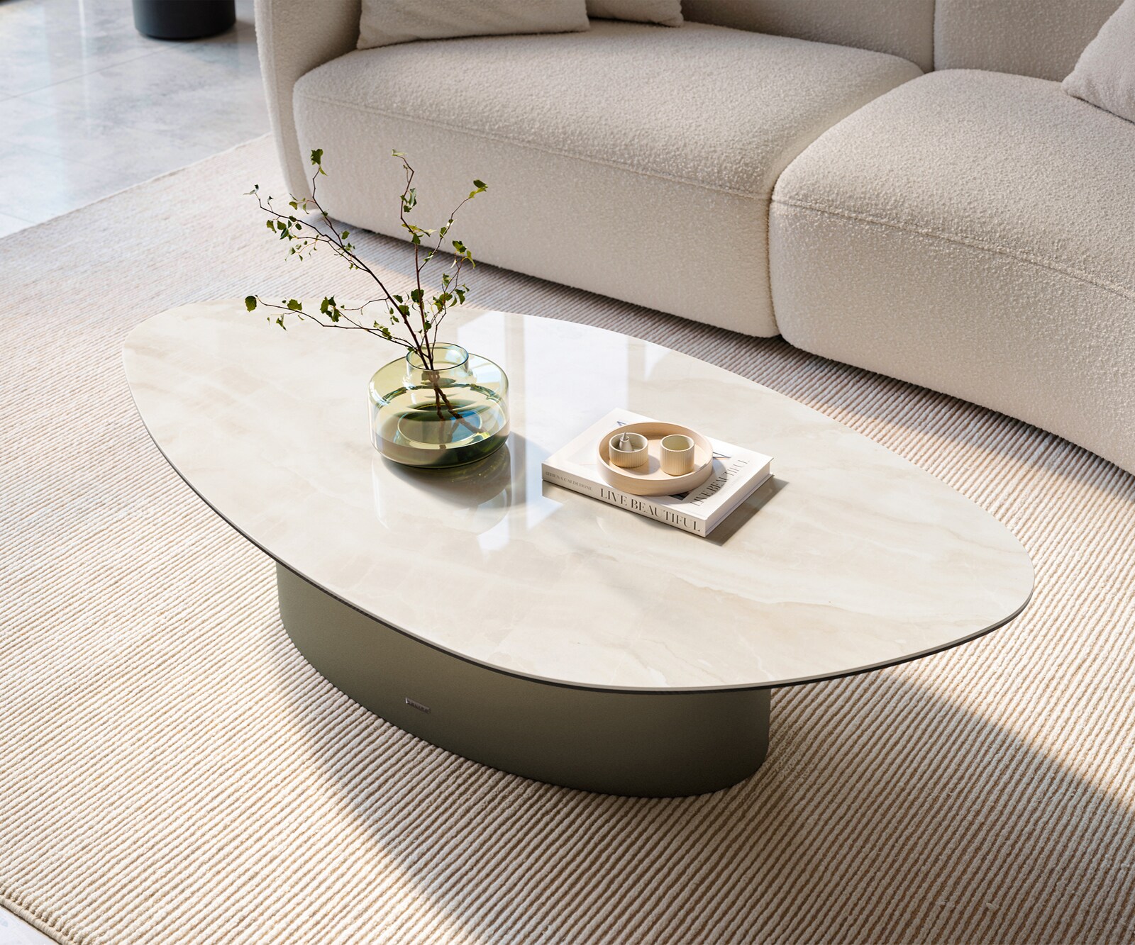 Salontafel Edge organisch 140x76 cm keramiek Onyx Champagne Casilda effectafwerking titaan 1