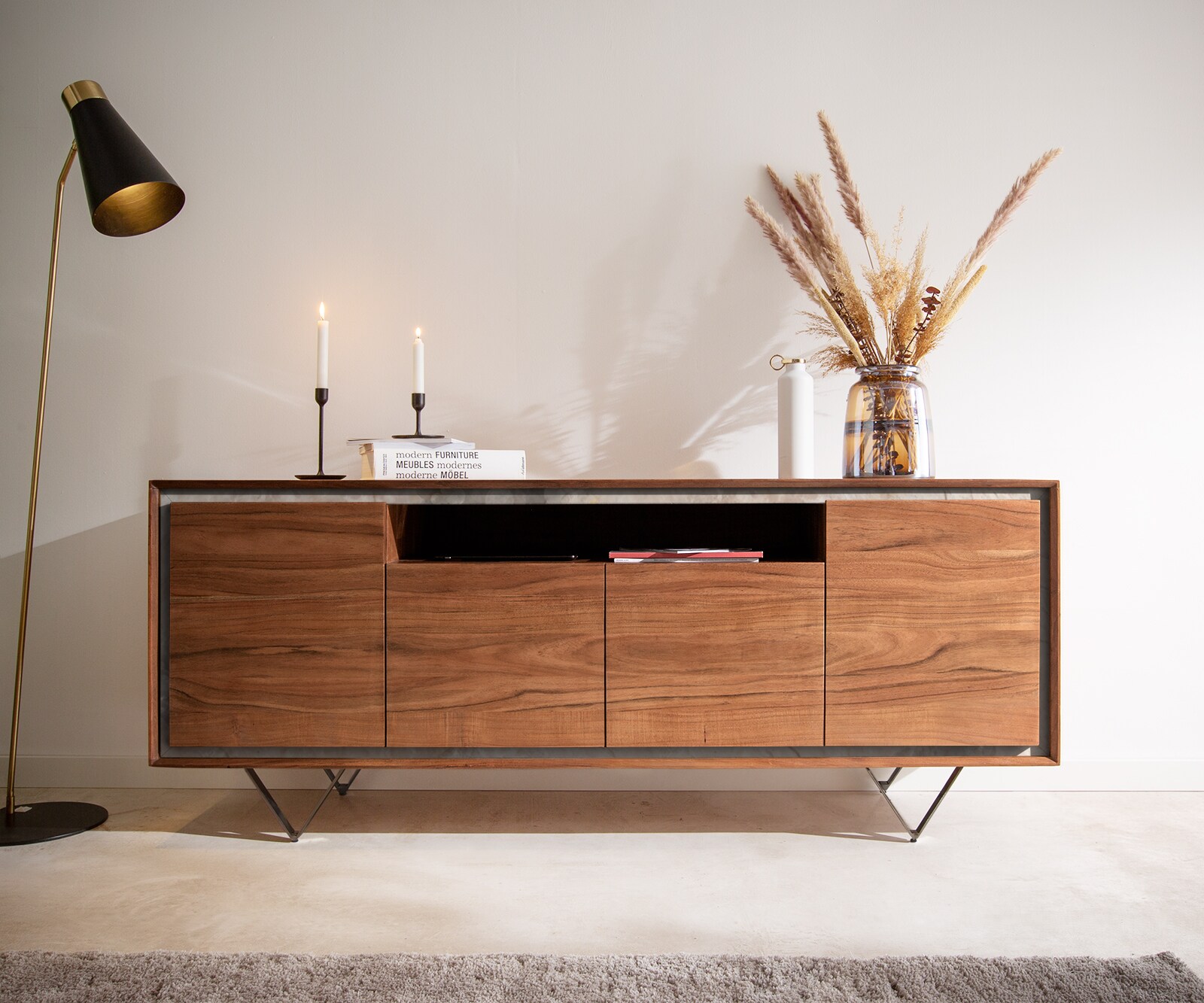 Dressoir Stonegrace 175 cm acacia bruin steenfineer 4 deuren 1 legplank V-poot zwart 2