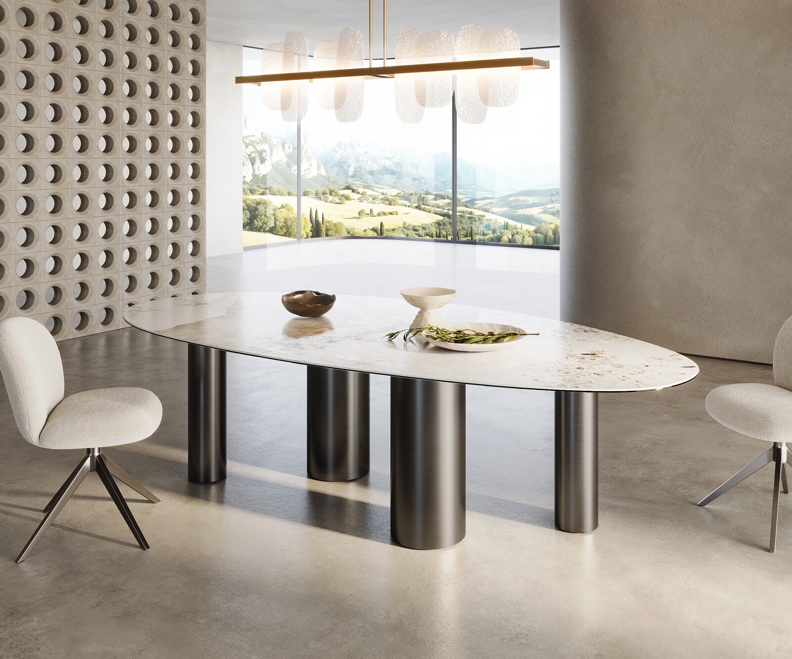 Eetkamertafel Edge ovaal 280x130 keramiek Minas Melange wit-Beige Pilier roestvrij staal grafiet 4