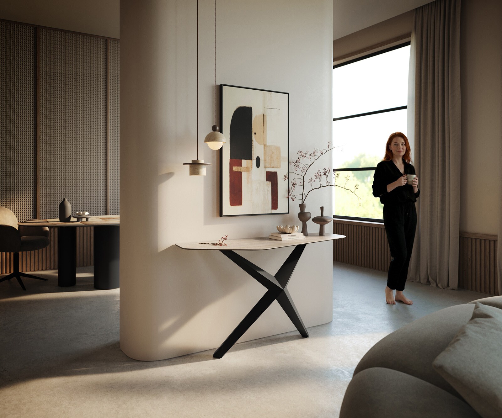 Consoletafel Edge Polygonaal 140x50 cm Keramiek Laminam® Travertino Bianco Creme-Weiß Zentharo Metaal Zwart 7