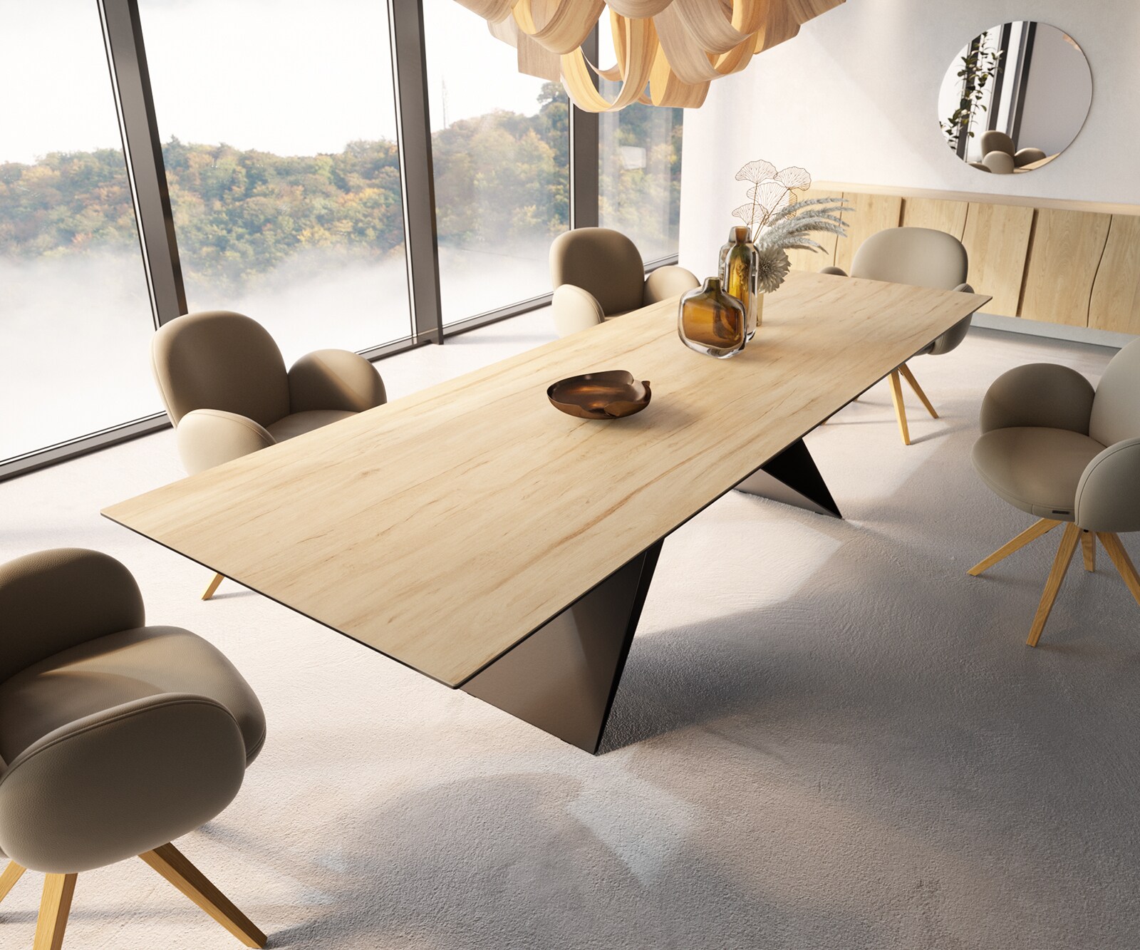 Eetkamertafel Edge 300x100 keramiek Laminam® Sabbia eiken kleur V-frame vlak staal zwart