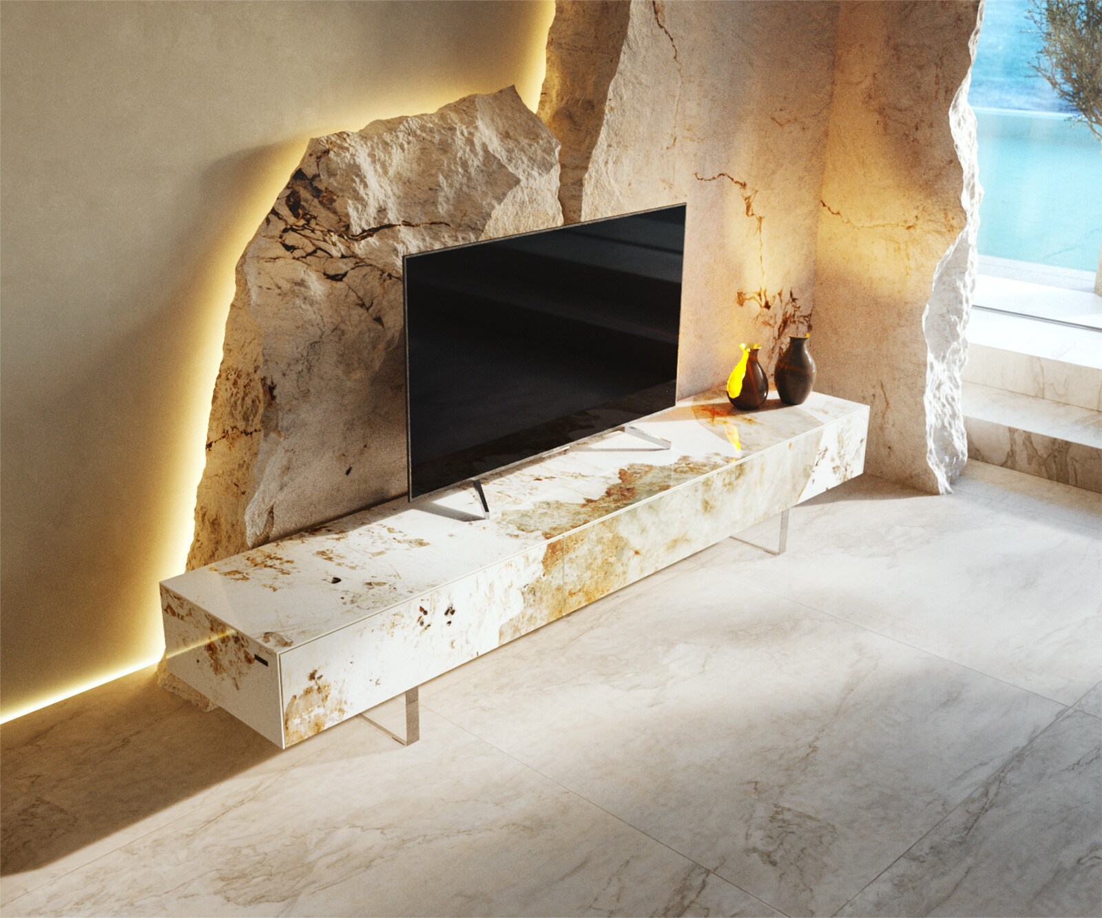 Tv-meubel Cuor 200 cm Keramiek Minas Melange Wit-beige 1 Flap 1 Lade Zwevende voet look Acrylglas 3