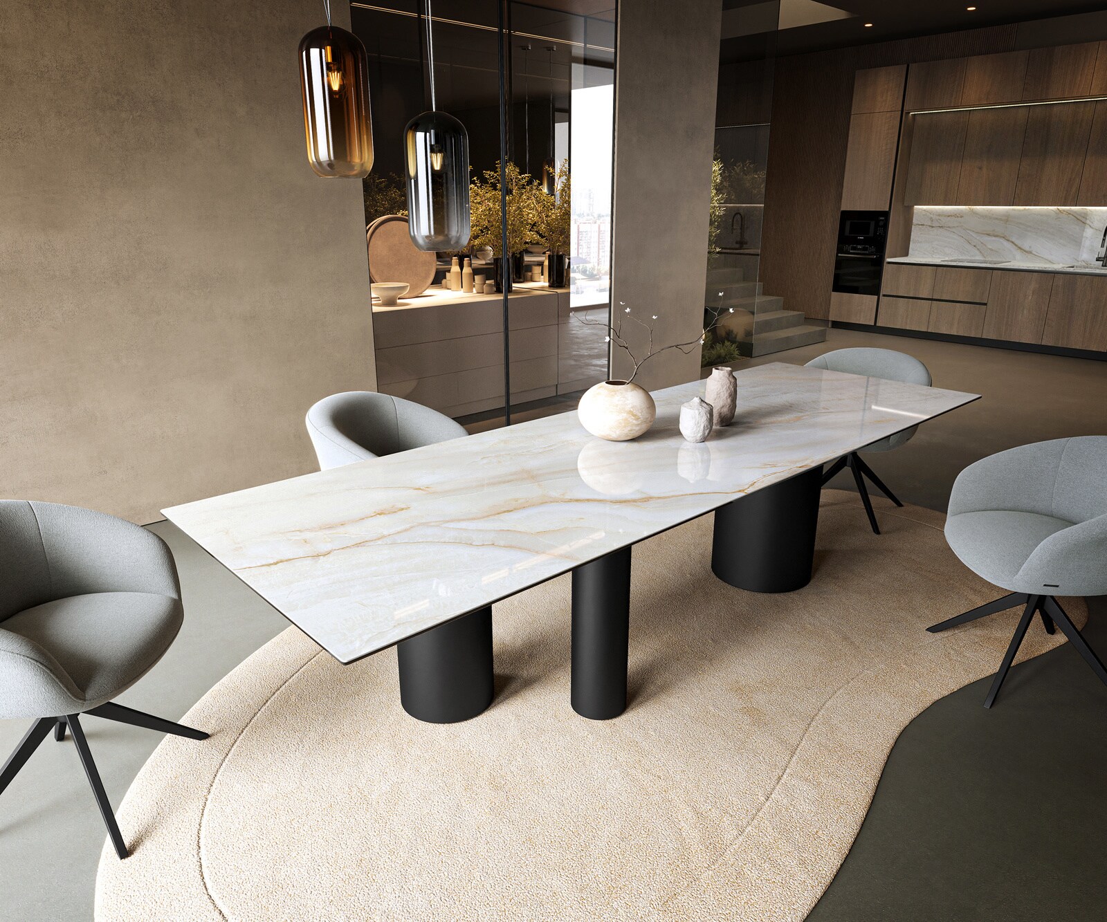 Eettafel Edge 300x100 cm keramiek Onyx Pearl Troa metaal zwart