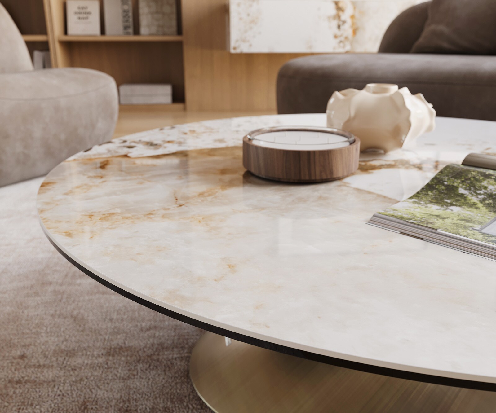 Salontafel Edge rond 100x100 cm keramiek Minas Melange Conis metallic goud 5
