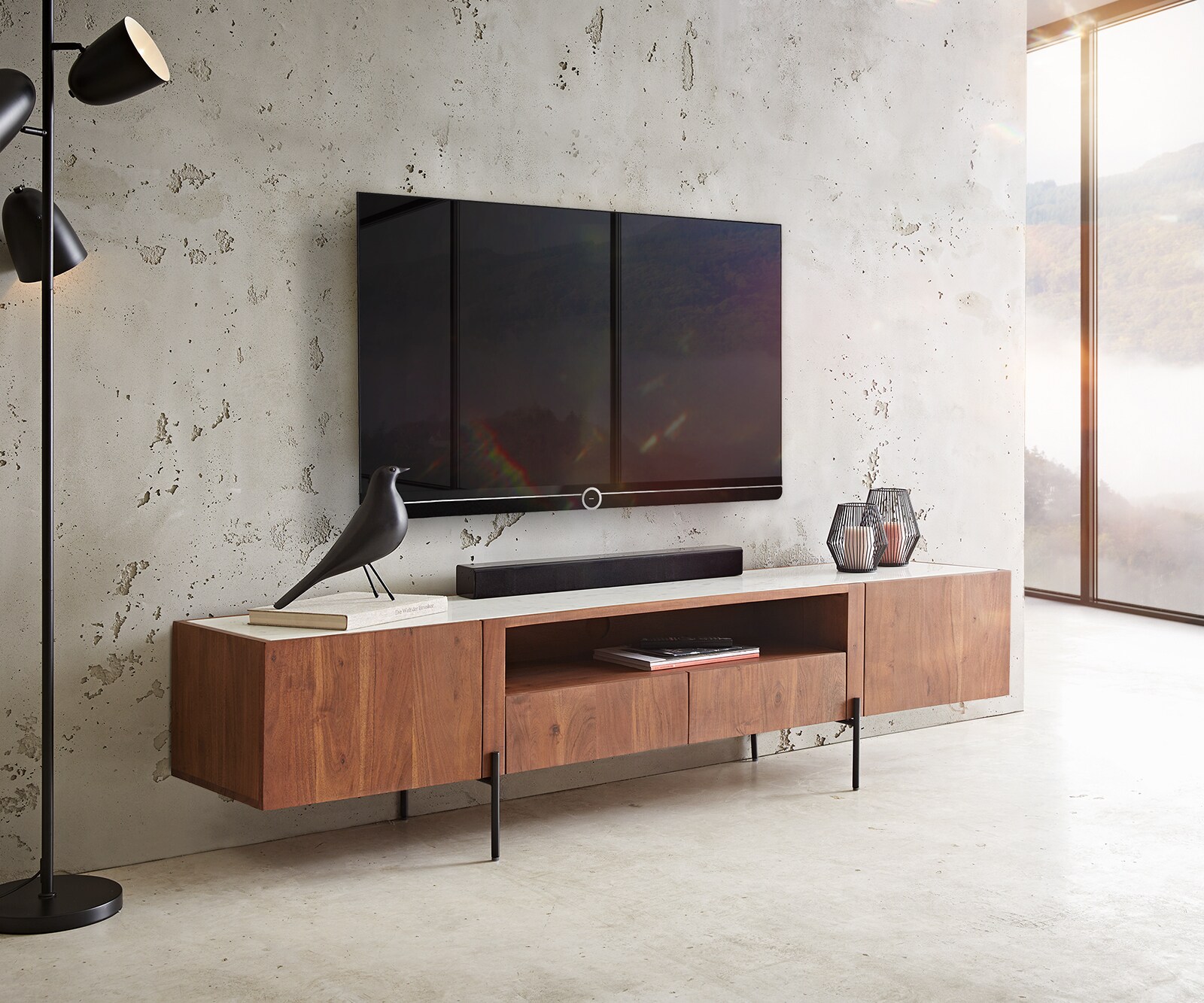 TV-meubel Secara 200 cm acacia bruin 2 deuren 2 laden marmeren poten zwart 1