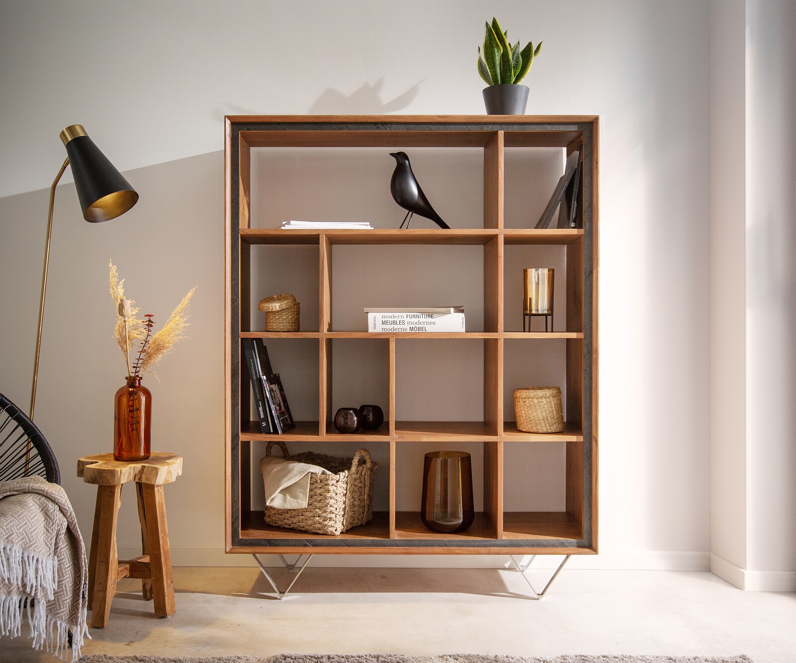 Boekenkast  Stonegrace 120x150 acacia natuur 12 vakken steen fineer V-poot 1 Boekenkast  Stonegrace 120x150 acacia natuur 12 vakken steen fineer V-poot 1
