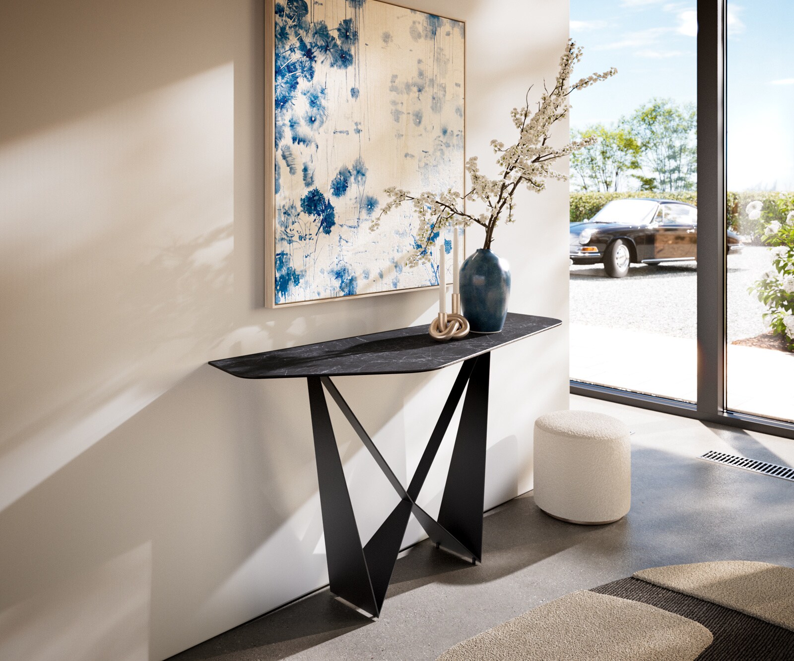 Consoletafel Edge Polygonaal 140x50 cm Keramiek Laminam® Nero Greco Anthrazit Spios Metaal Zwart 1